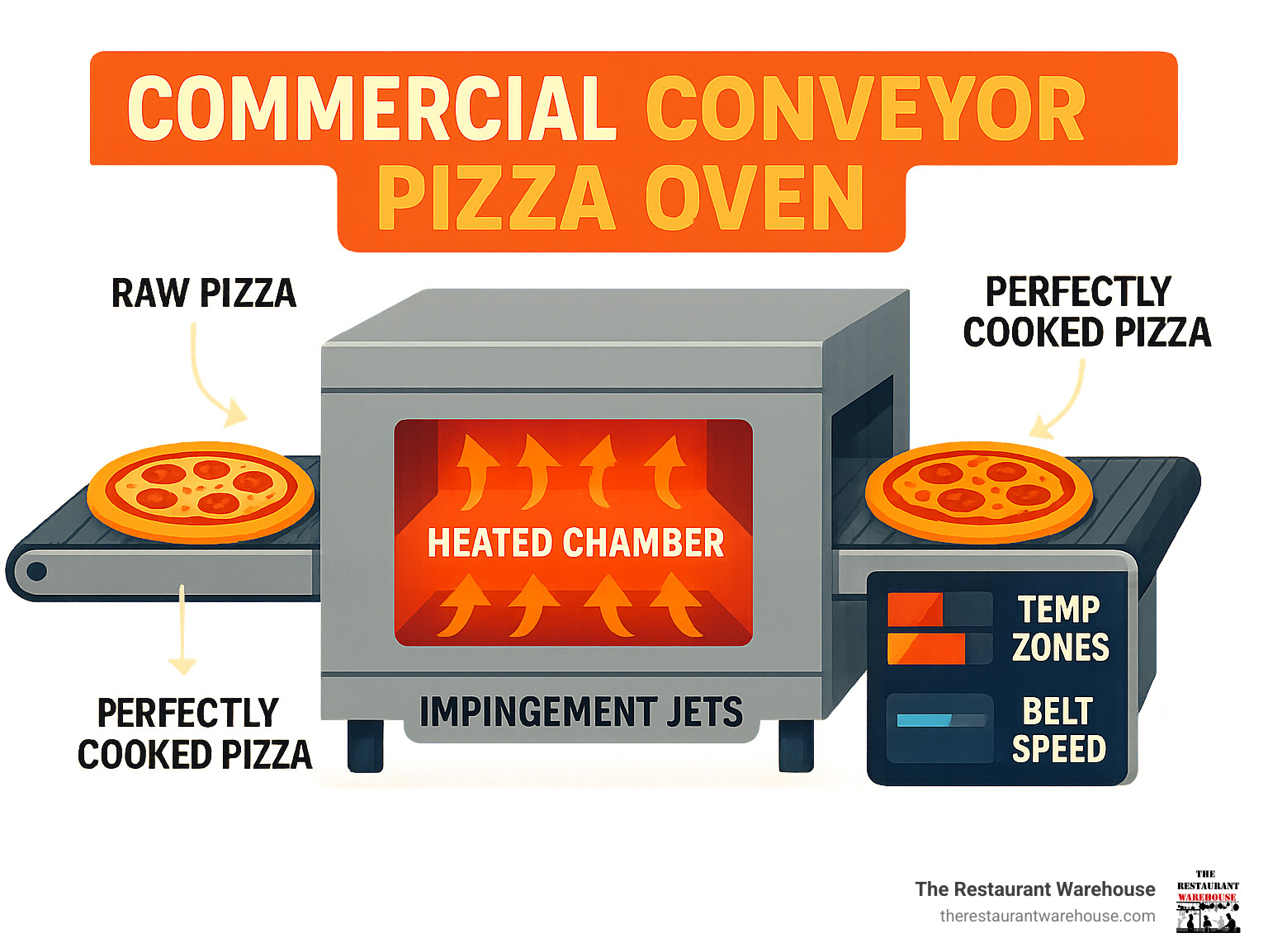 Infographic showing commercial conveyor pizza oven workflow: raw pizza enters on left side of belt, travels through heated chamber with impingement jets above and below, exits as perfectly cooked pizza on right side, with digital controls showing temperature zones and belt speed settings - commercial conveyor pizza oven infographic 