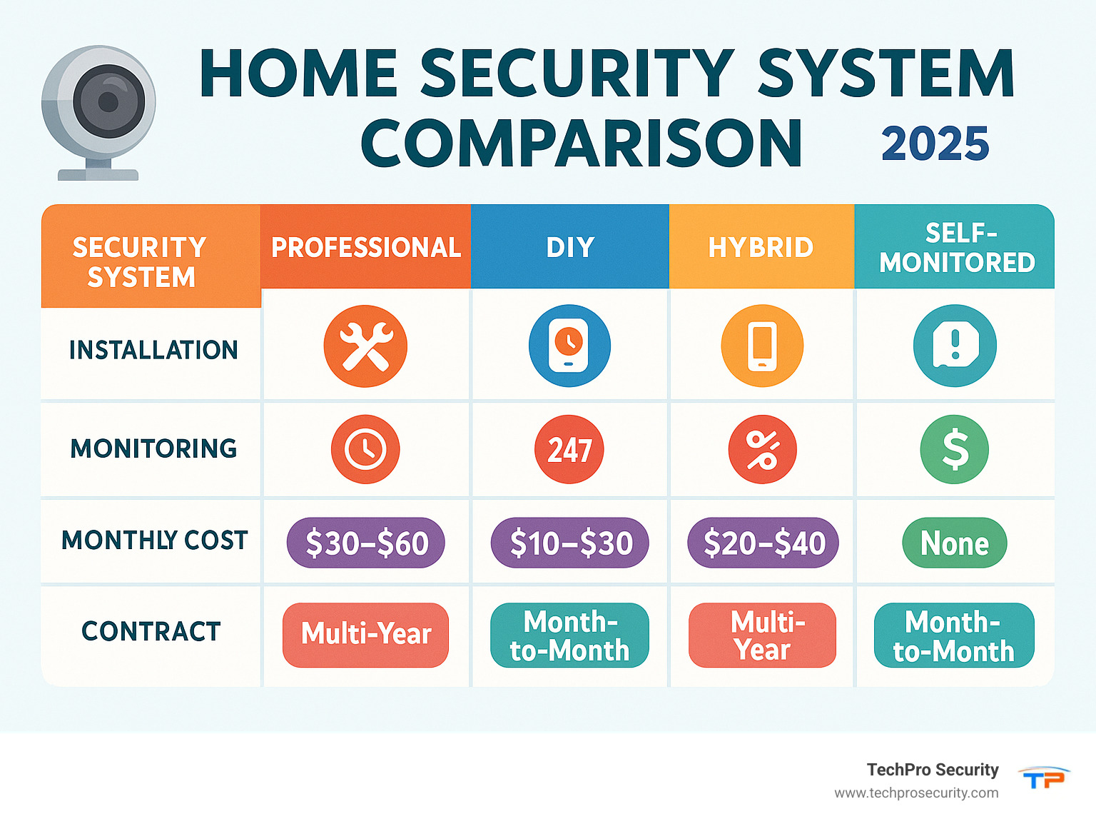 Infographic showing home security system comparison matrix with installation types, monitoring options, monthly costs, and contract requirements for different system categories - home security systems infographic 