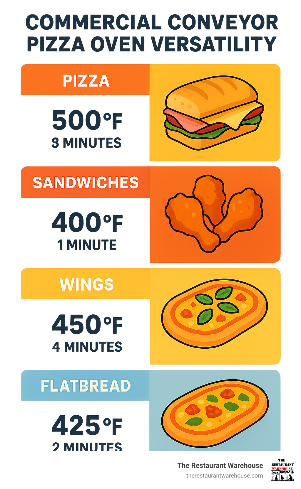 Infographic showing commercial conveyor pizza oven versatility: pizza cooking at 500°F for 3 minutes, sandwiches at 400°F for 1 minute, wings at 450°F for 4 minutes, and flatbread at 425°F for 2 minutes - commercial conveyor pizza oven infographic 