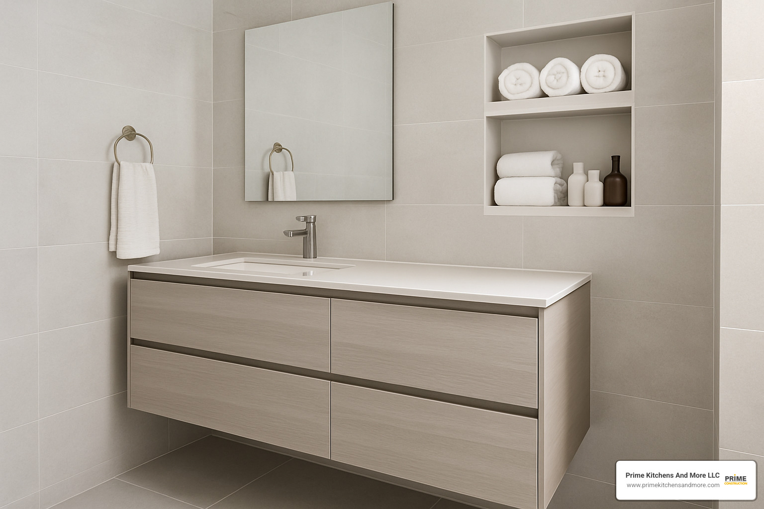 Modern bathroom storage solutions with floating vanity and built-in niches - bathroom remodeling services