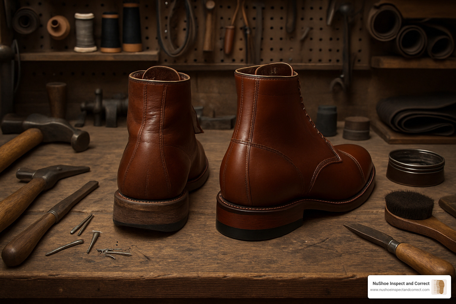 Professional boot heel replacement service workspace showing before and after results - boot heel replacement