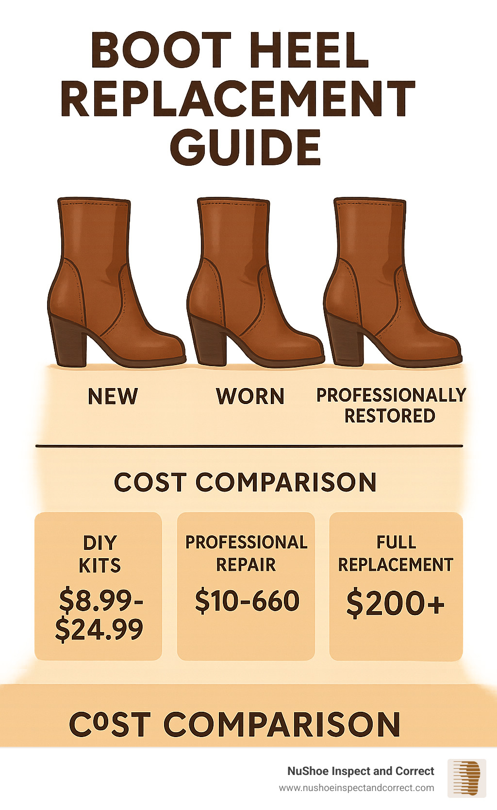 Comprehensive boot heel replacement guide showing wear stages from new to worn to professionally restored, including cost comparison between DIY kits ($8.99-$24.99), professional repair ($10-$60), and full replacement ($200+) - boot heel replacement infographic 