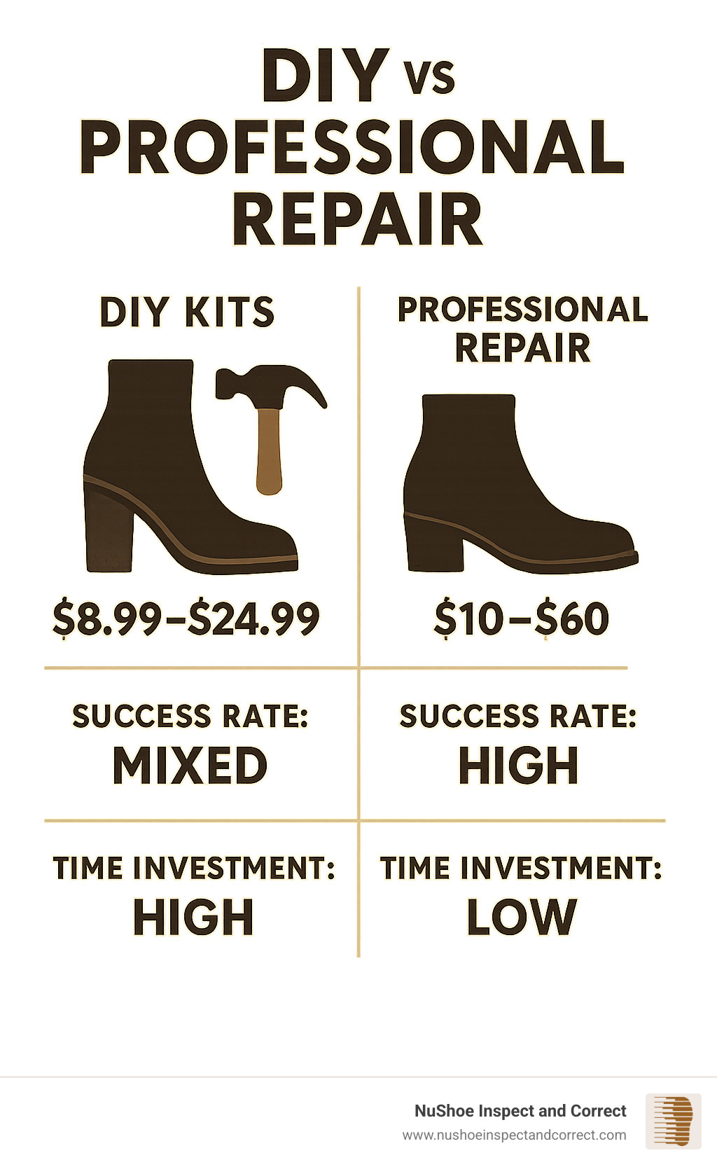 Cost comparison infographic showing DIY kits at $8.99-$24.99 versus professional repair at $10-$60, with success rates and time investment - boot heel replacement infographic 