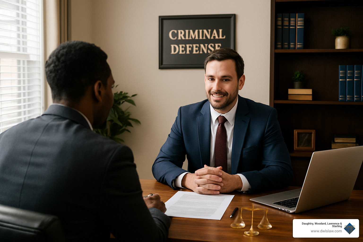 Client meeting with attorney in professional office setting - Board certified criminal lawyer
