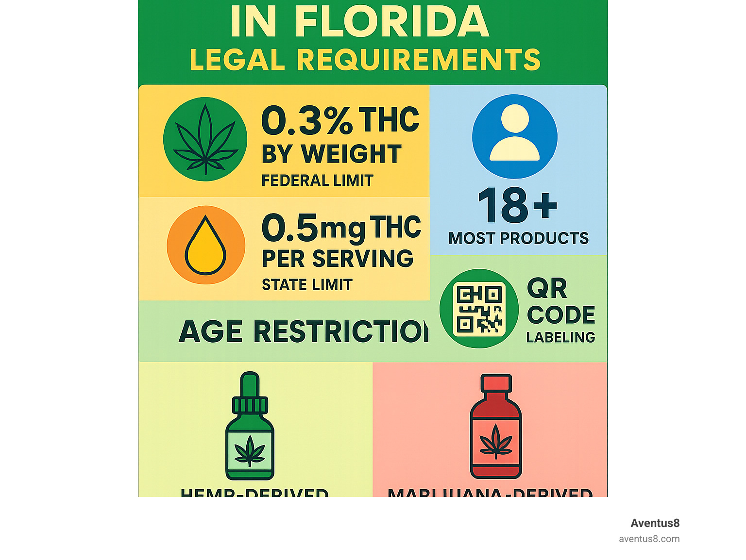 Infographic showing Florida's full spectrum CBD legal requirements including 0.3% THC by weight federal limit, 0.5mg per serving state limit, age restrictions of 18+ for most products and 21+ for inhalables, QR code labeling requirements, and comparison between hemp-derived legal products versus marijuana-derived illegal products without medical card - is full spectrum cbd legal in florida infographic 