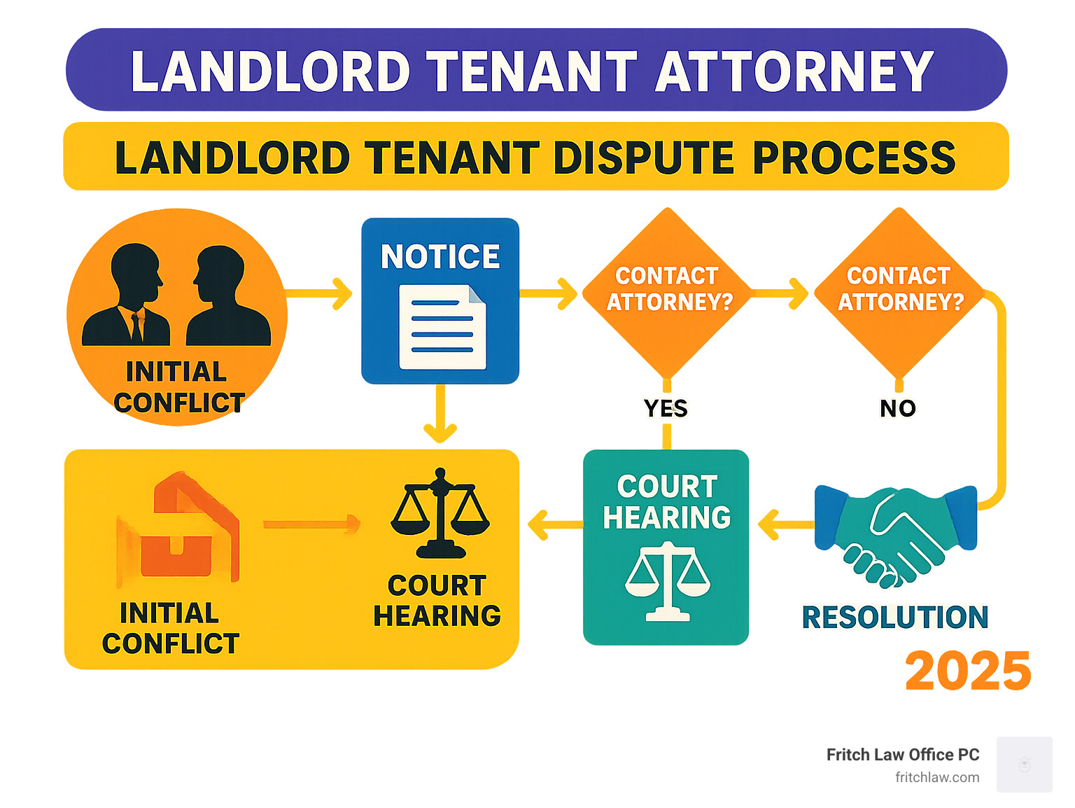 Infographic showing the landlord tenant dispute process from initial conflict through notice periods, legal filings, court hearings, and final resolution, with decision points for when to contact a landlord tenant attorney - landlord tenant attorney infographic 