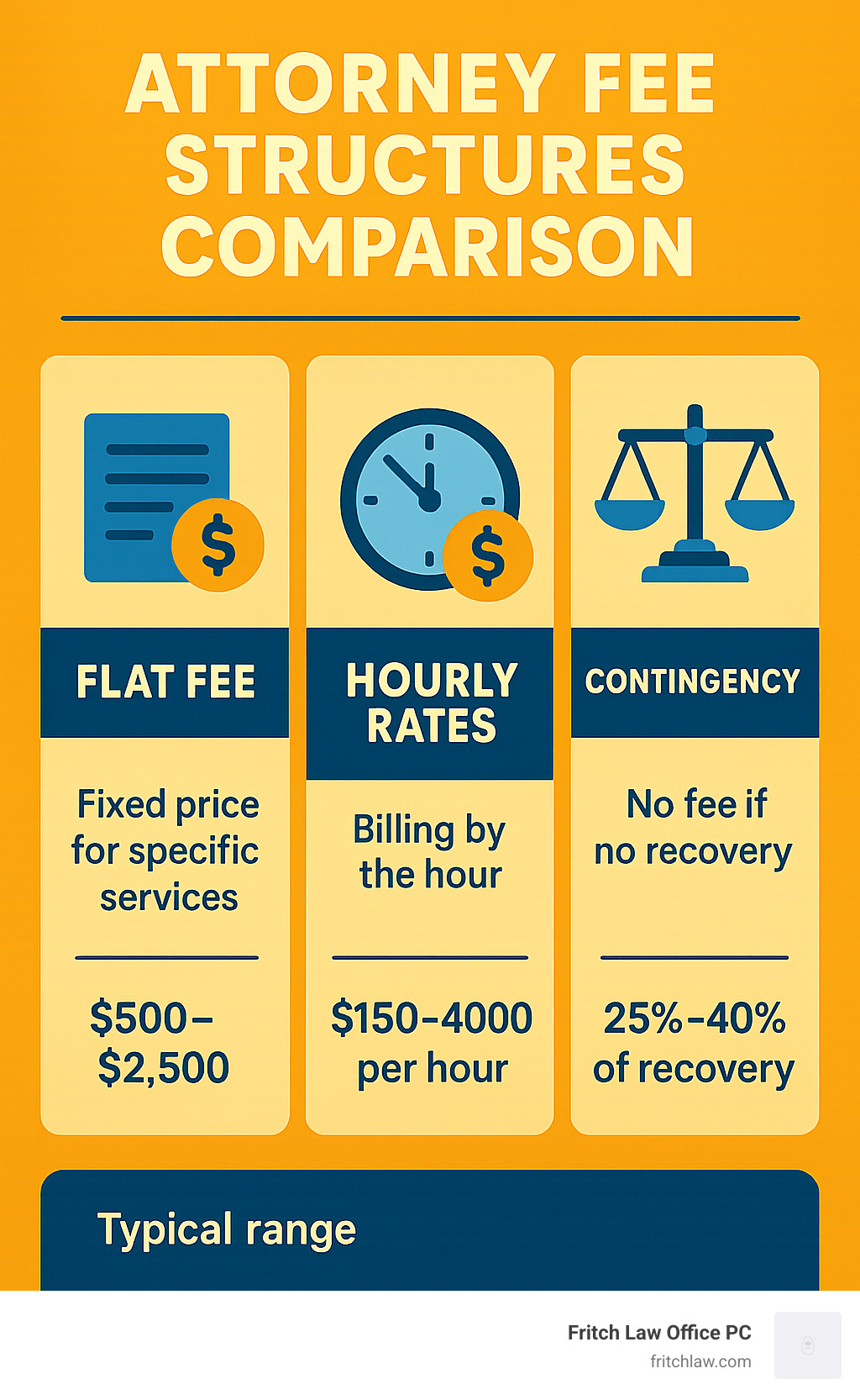 Infographic comparing different attorney fee structures including flat fee, hourly rates, and contingency arrangements with typical cost ranges - landlord tenant attorney infographic 