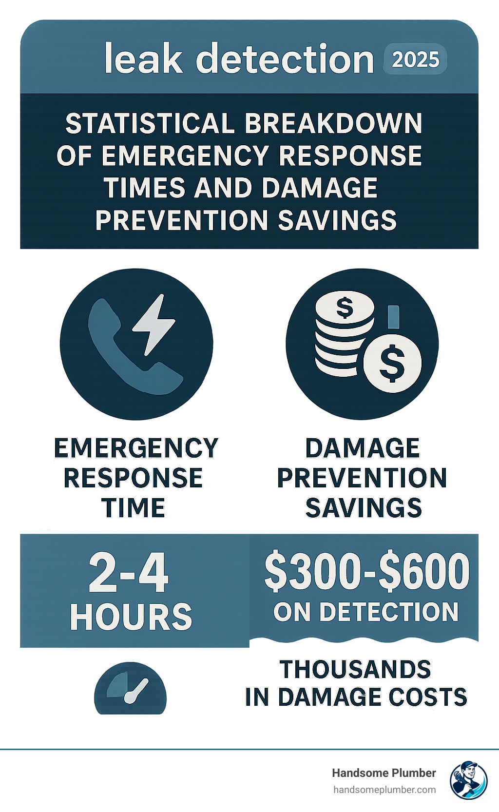 Statistical breakdown of emergency response times and damage prevention savings - leak detection services infographic 