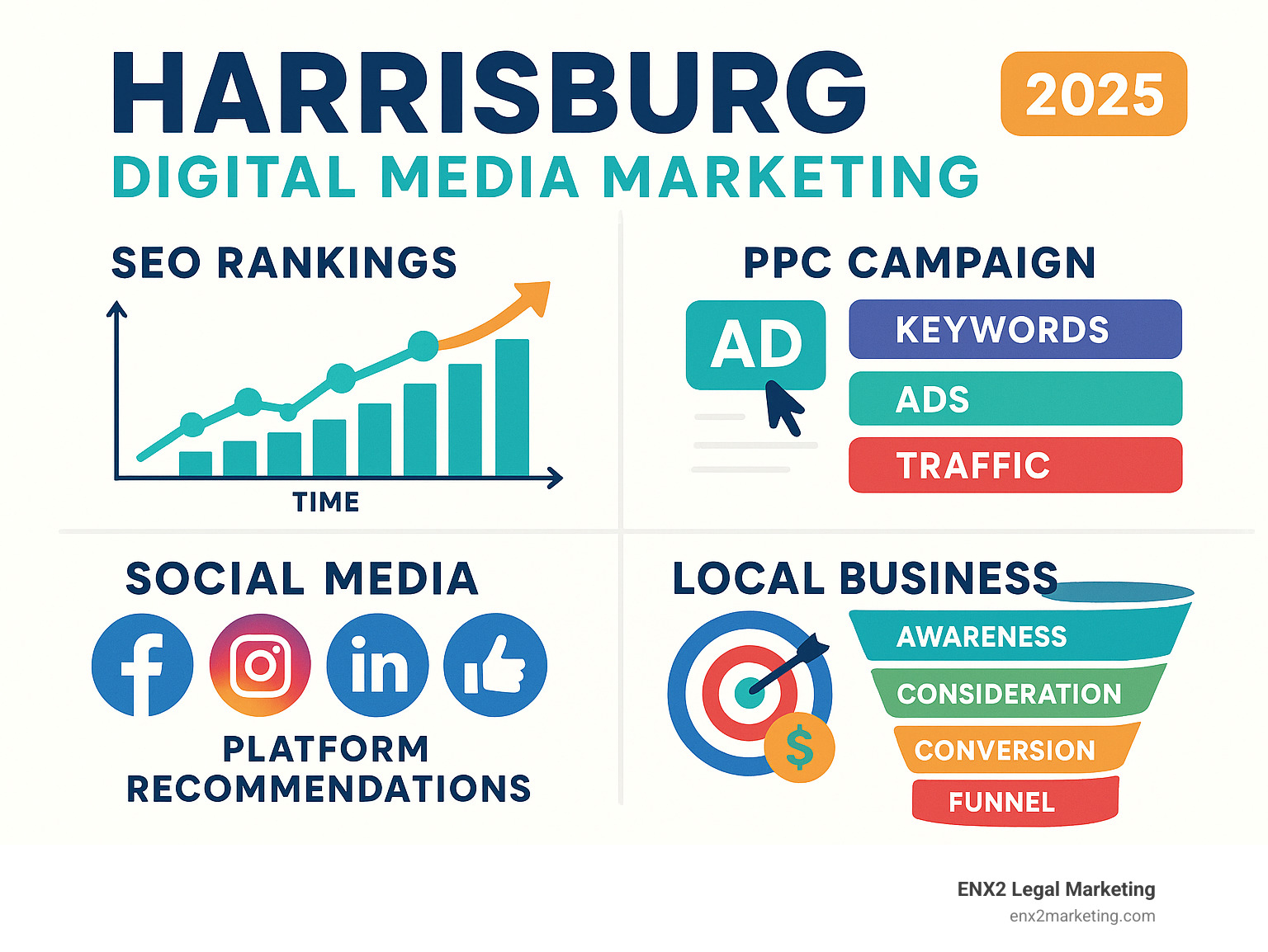 Comprehensive breakdown of digital marketing services available in Harrisburg including SEO rankings timeline, PPC campaign structure, social media platform recommendations, and local business conversion funnel - harrisburg digital media marketing infographic