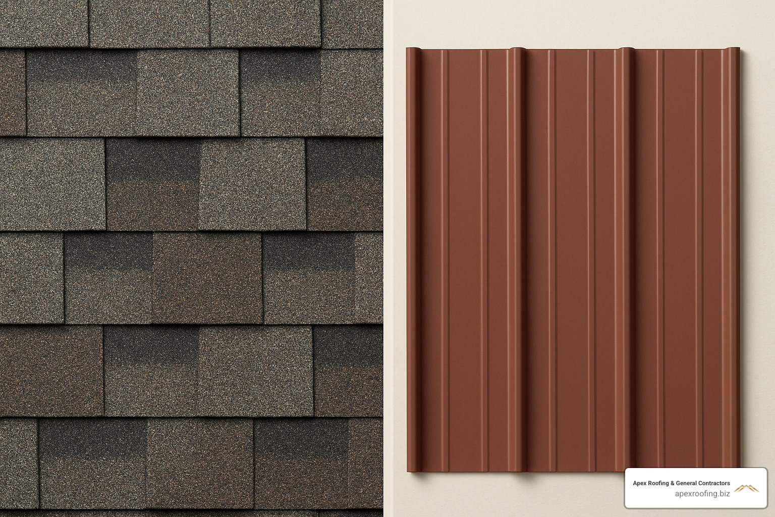 Side-by-side comparison of asphalt shingles and metal roofing samples - residential roofing contractors near me
