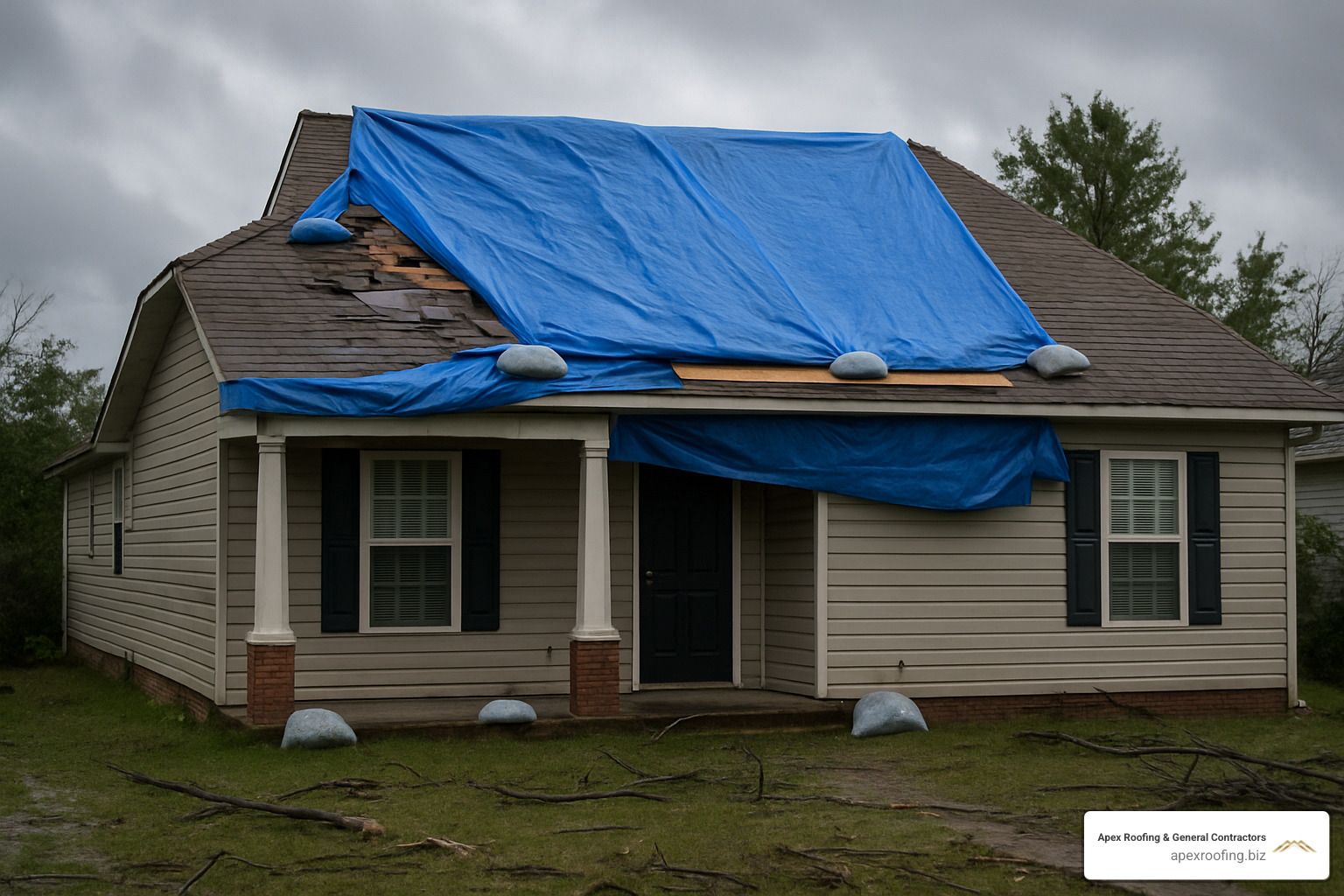 Emergency tarp covering storm-damaged roof - residential roofing contractors near me