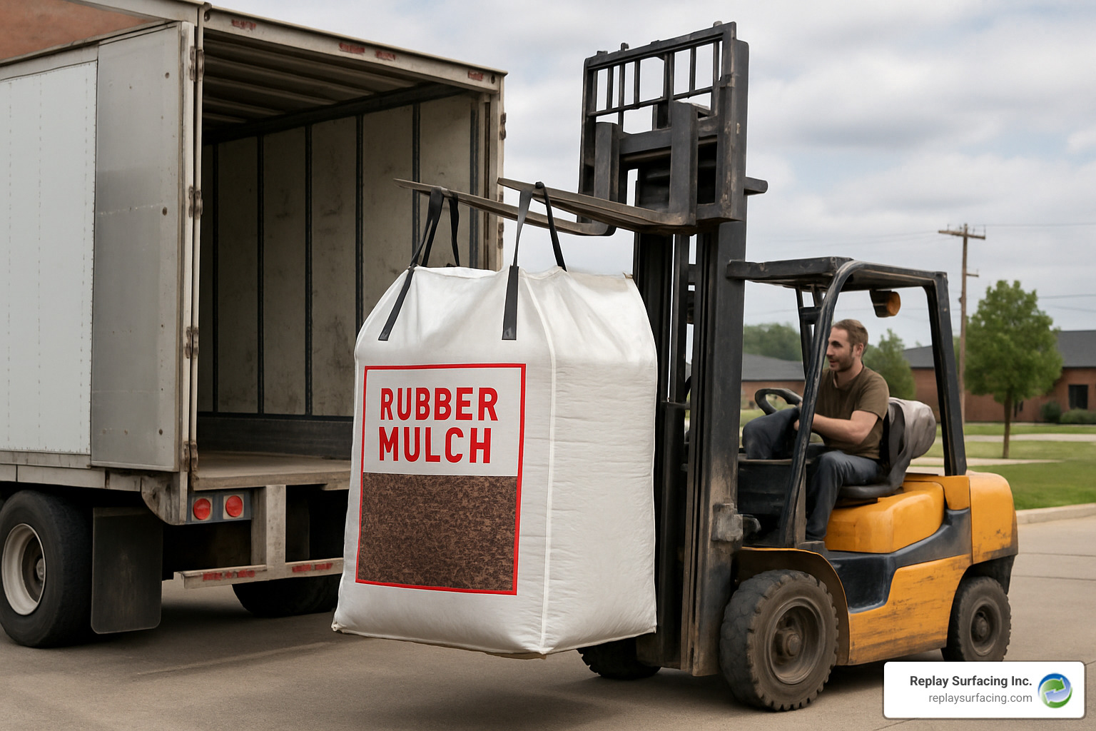 forklift unloading rubber mulch super sack - rubber mulch per ton