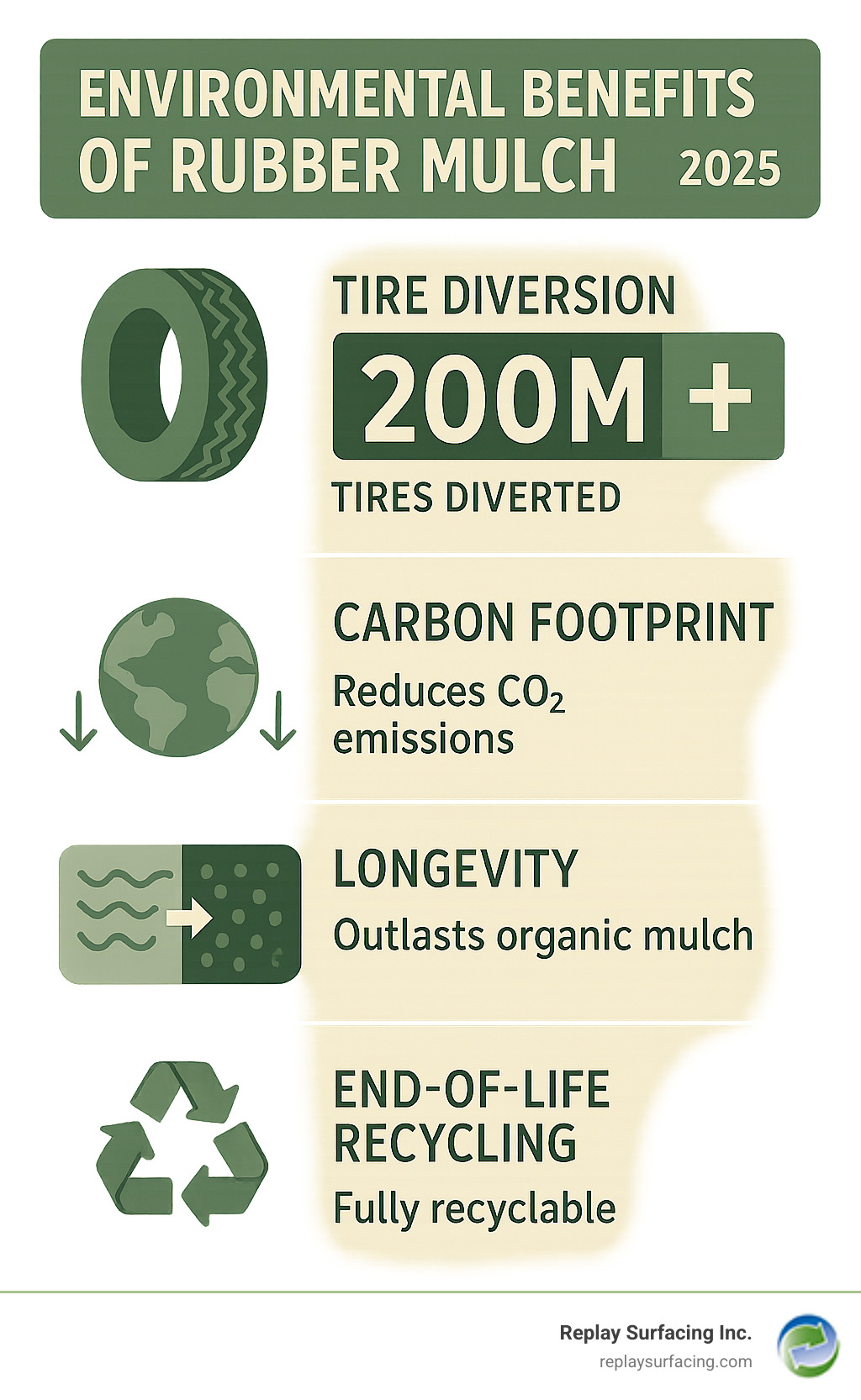 Detailed infographic showing environmental benefits of rubber mulch including tire diversion statistics, carbon footprint reduction, longevity comparison with organic alternatives, and end-of-life recycling options - rubber mulch per ton infographic