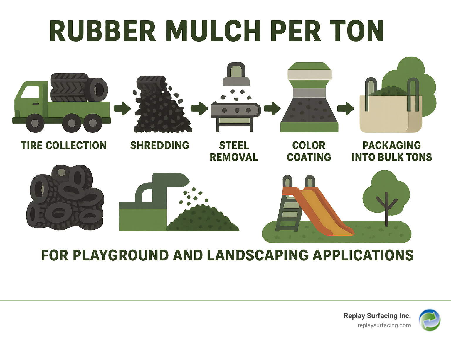 Infographic showing the complete tire-to-mulch recycling process from collection through shredding, steel removal, color coating, and final packaging into bulk tons for playground and landscaping applications - rubber mulch per ton infographic