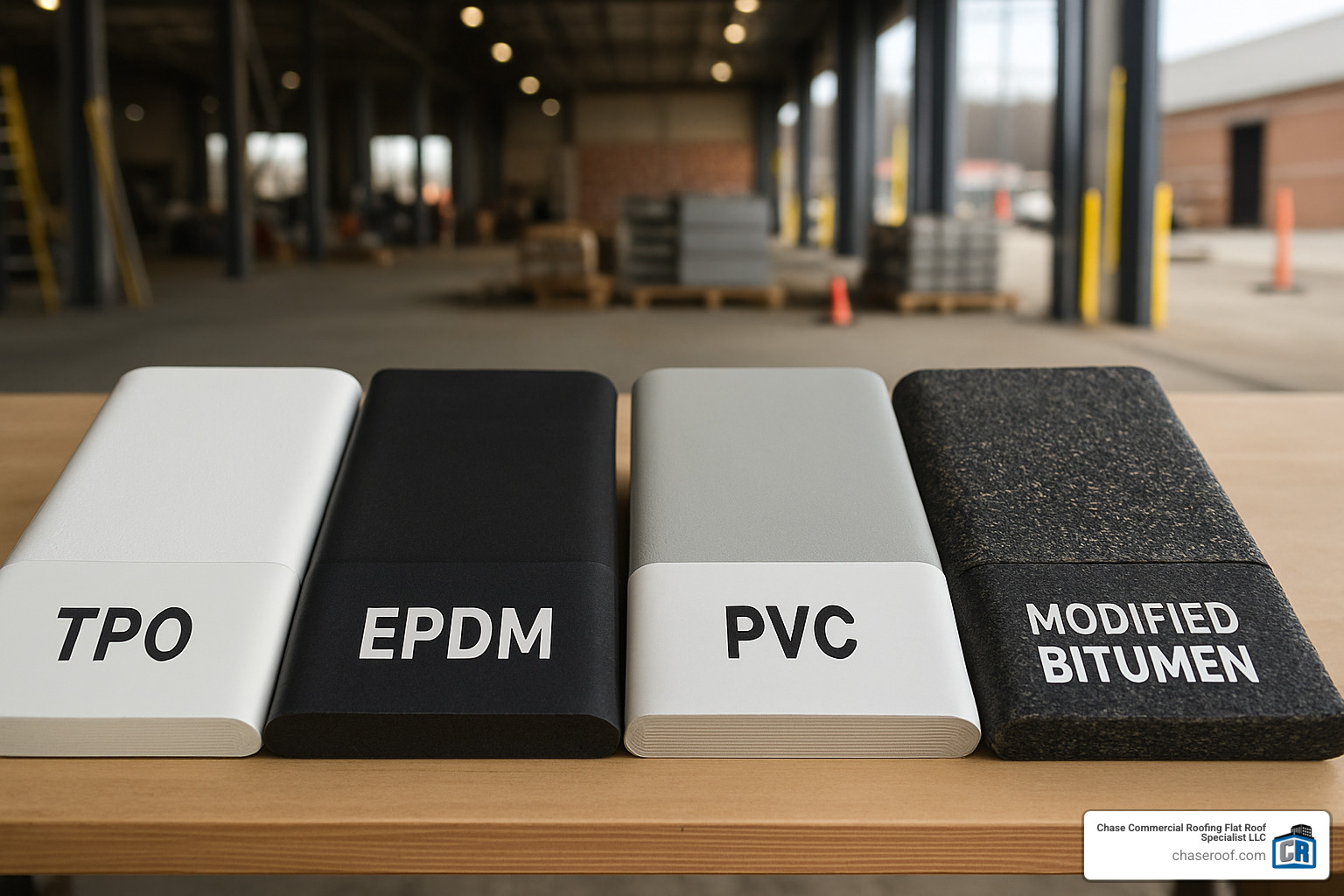 Various commercial roofing membrane samples showing TPO, EPDM, PVC, and modified bitumen materials - commercial roof replacement cost per square foot