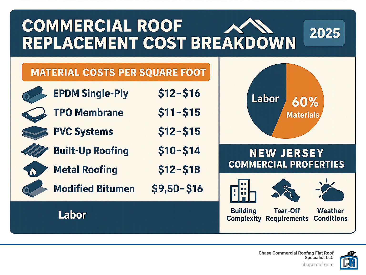Detailed infographic showing commercial roof replacement cost breakdown by material type, labor percentages, and regional factors specific to New Jersey commercial properties - commercial roof replacement cost per square foot infographic 