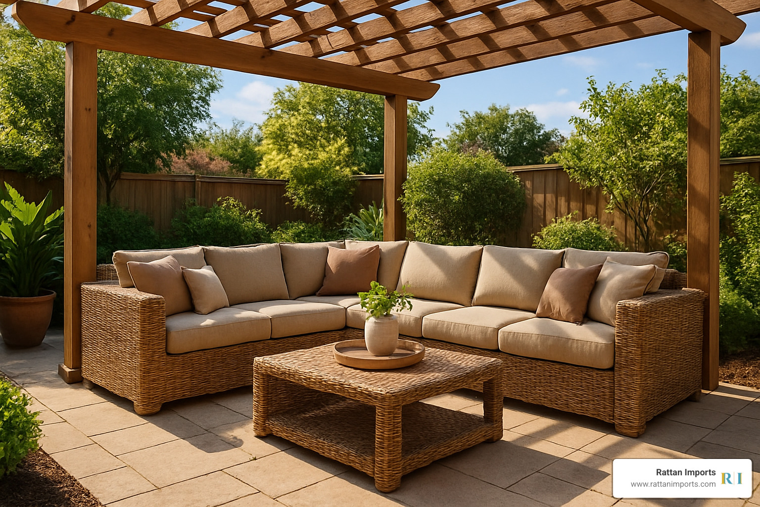 corner sectional rattan sofa set under pergola - Rattan sofa sets