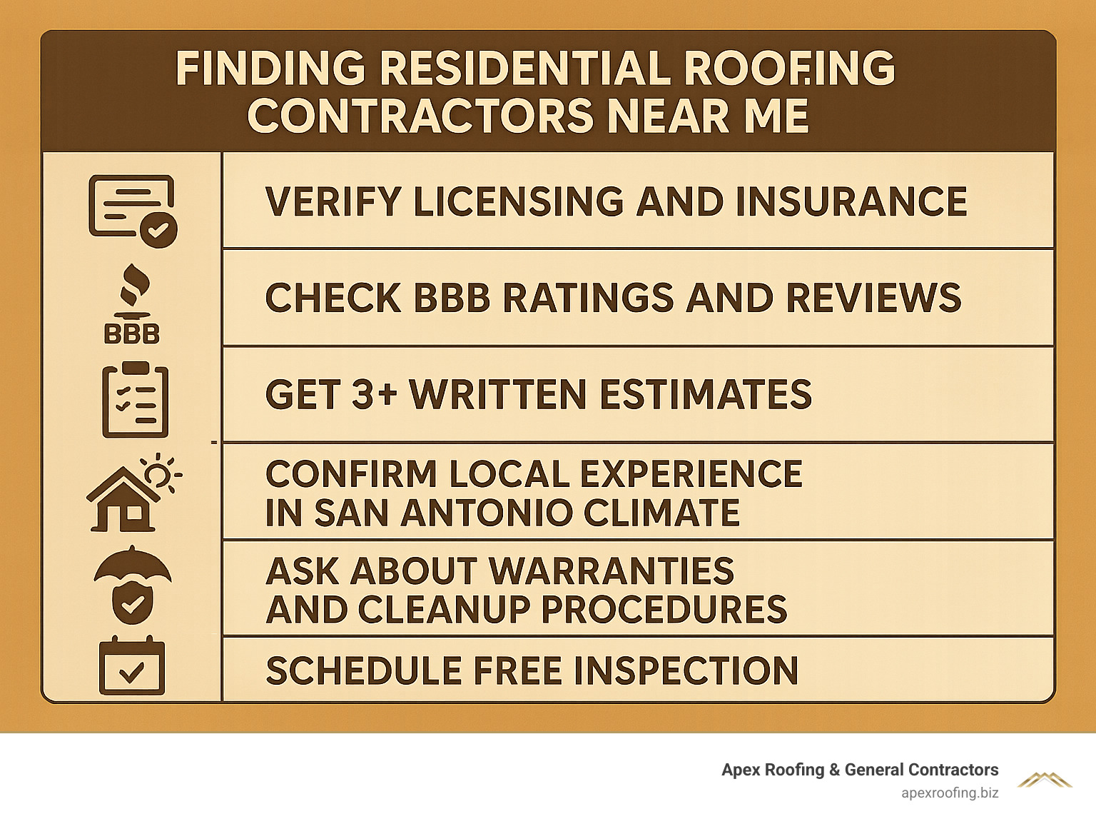 Infographic showing key steps to find residential roofing contractors near me: verify licensing and insurance, check BBB ratings and reviews, get 3+ written estimates, confirm local experience in San Antonio climate, ask about warranties and cleanup procedures, and schedule free inspection - residential roofing contractors near me infographic 