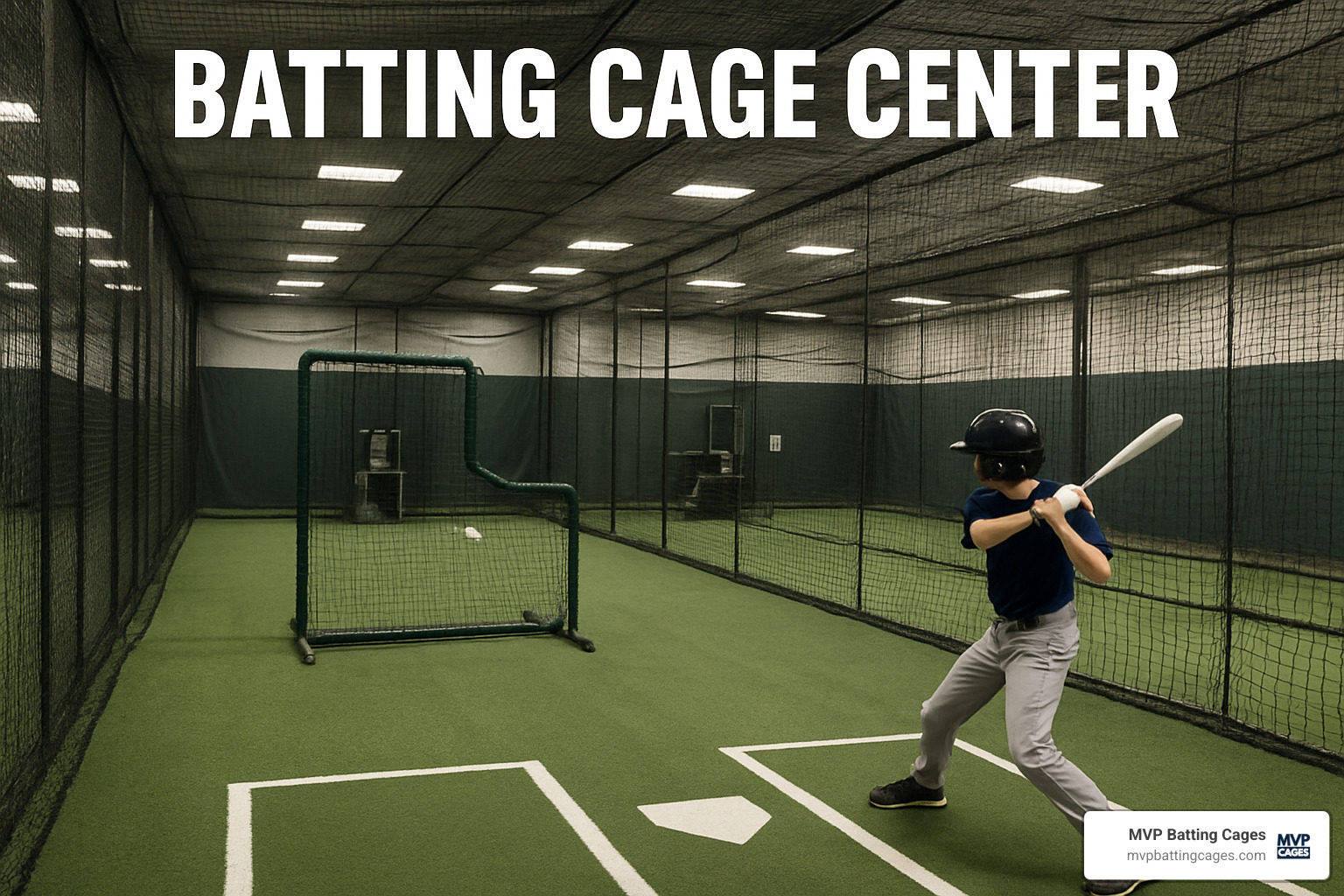 Professional batting cage layout blueprint showing optimal cage dimensions, safety zones, equipment placement, and traffic flow patterns - batting cage center