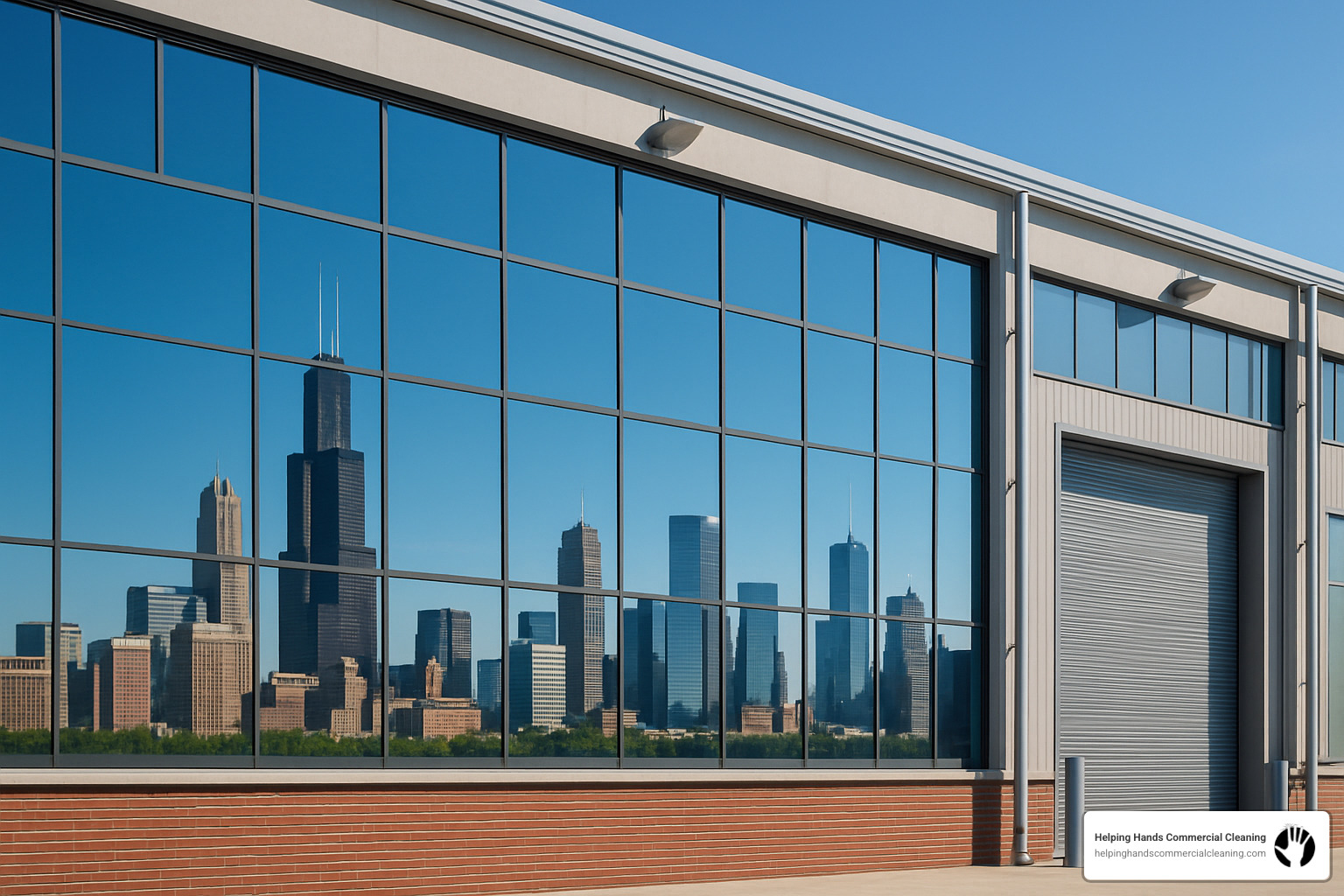 Chicago skyline reflected in clean factory windows - industrial cleaning services