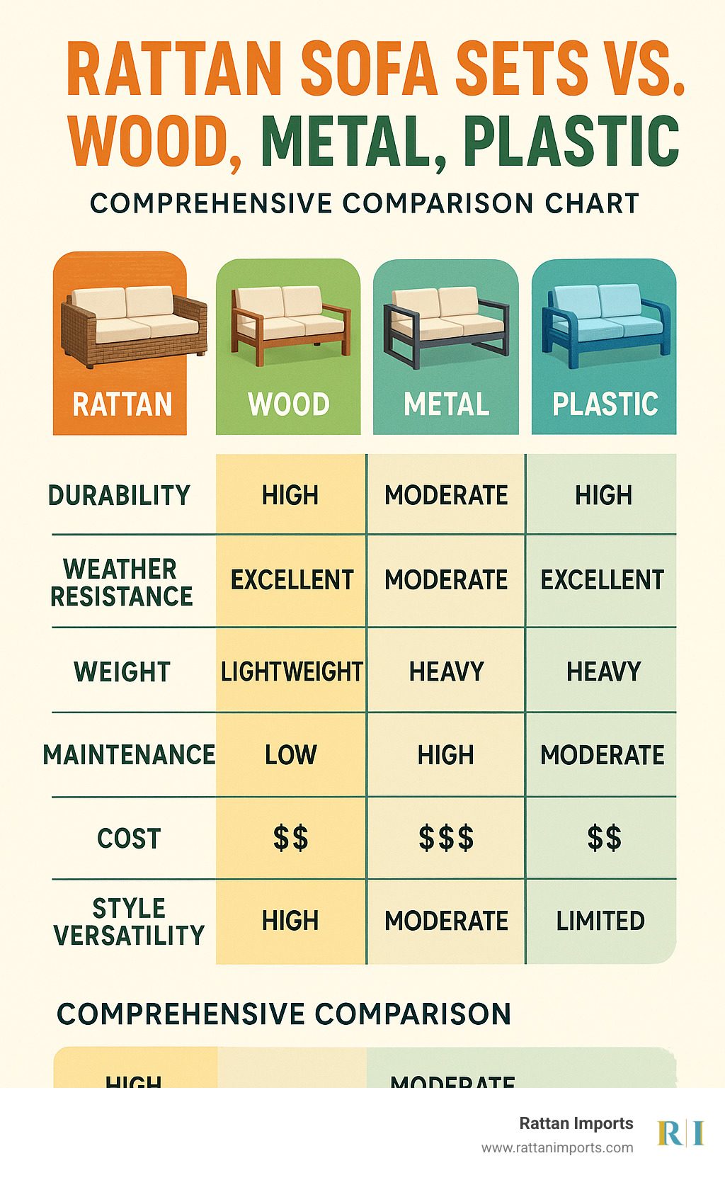 Comprehensive comparison chart showing rattan sofa sets vs wood, metal and plastic outdoor furniture across categories of durability, weather resistance, weight, maintenance requirements, cost ranges, and style versatility - Rattan sofa sets infographic 