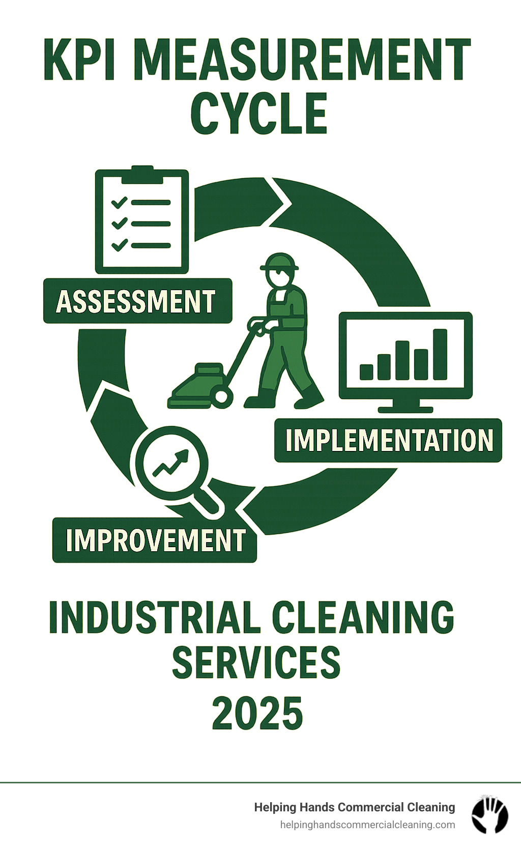 KPI measurement cycle showing assessment, implementation, monitoring, and improvement phases - industrial cleaning services infographic 