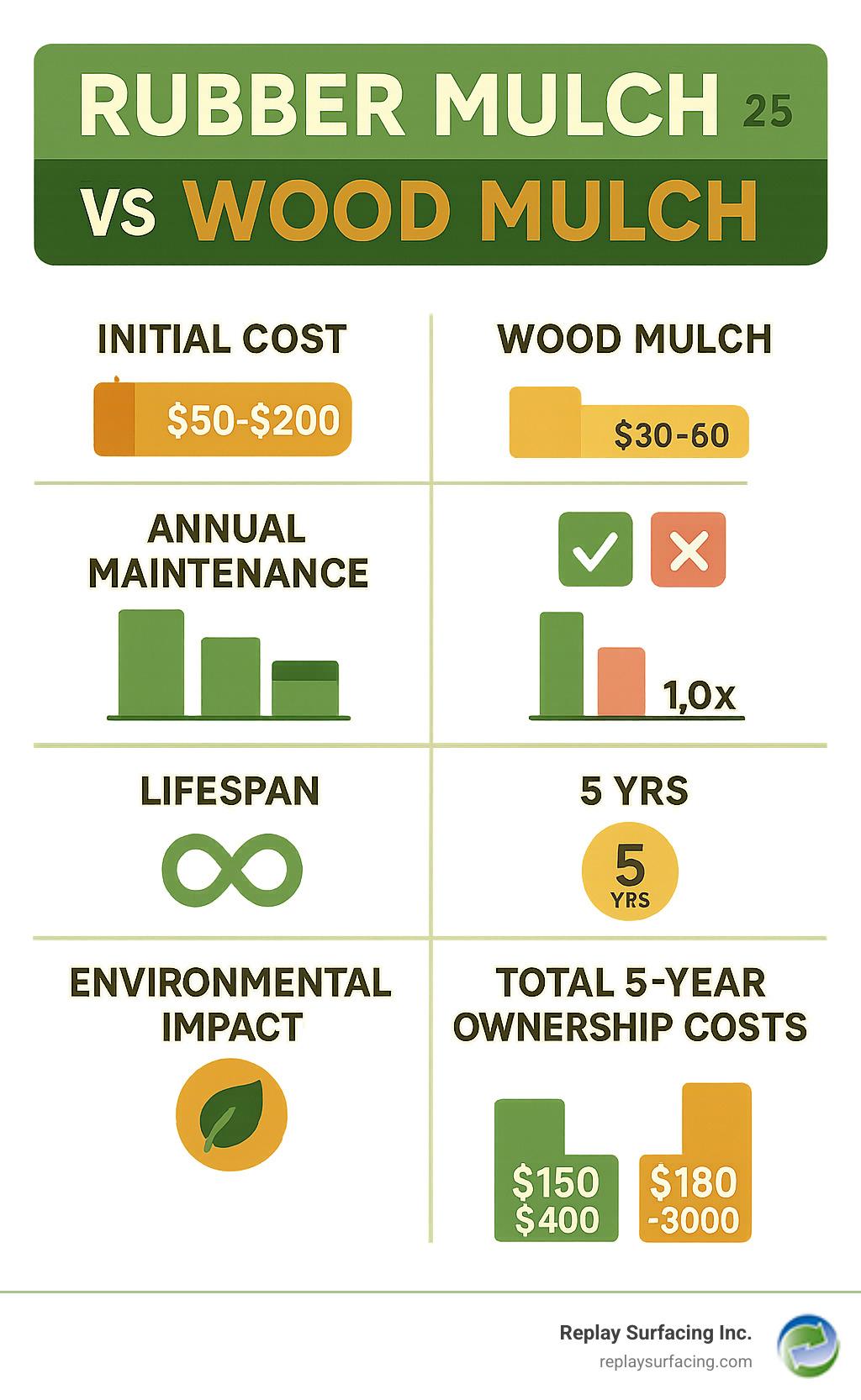 Comprehensive comparison infographic showing rubber mulch versus wood mulch across key factors: initial cost, annual maintenance, safety performance, lifespan, environmental impact, and total 5-year ownership costs - rubber mulch per ton infographic