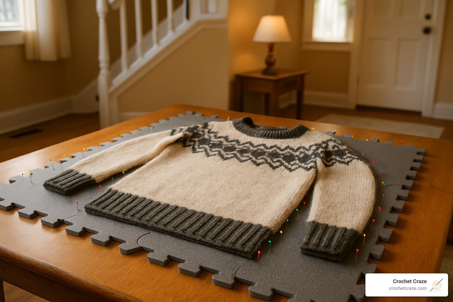 wool sweater laid flat on blocking mats with pins showing proper blocking technique for winter knitwear - Winter Knitting Patterns