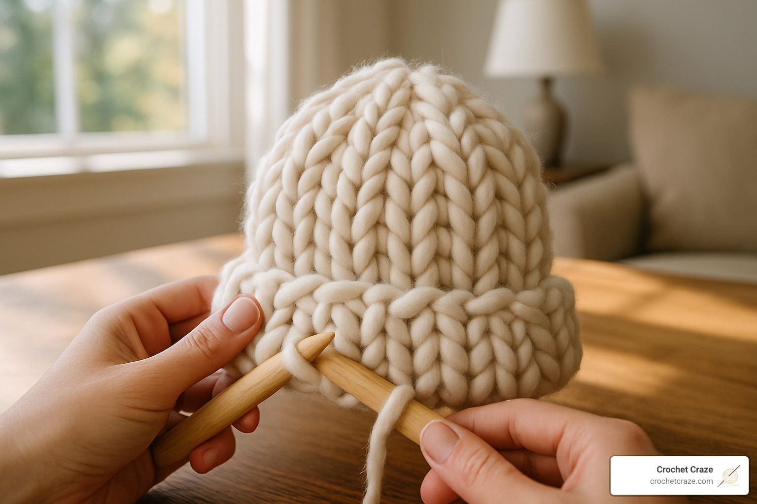 super bulky yarn beanie in progress on large needles showing proper tension and stitch definition - Winter Knitting Patterns