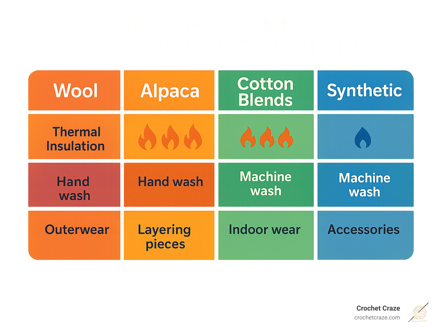 comparison chart showing thermal insulation ratings, care requirements, and best uses for different winter knitting fibers including wool, alpaca, cotton blends, and synthetic options - Winter Knitting Patterns infographic
