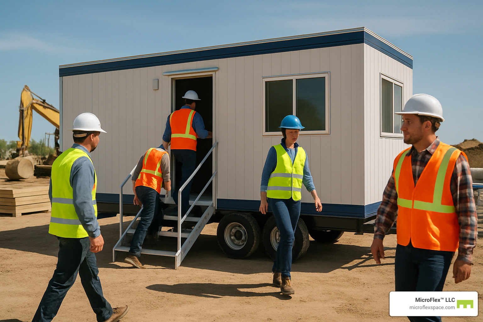 construction site mobile office with workers - mobile office spaces