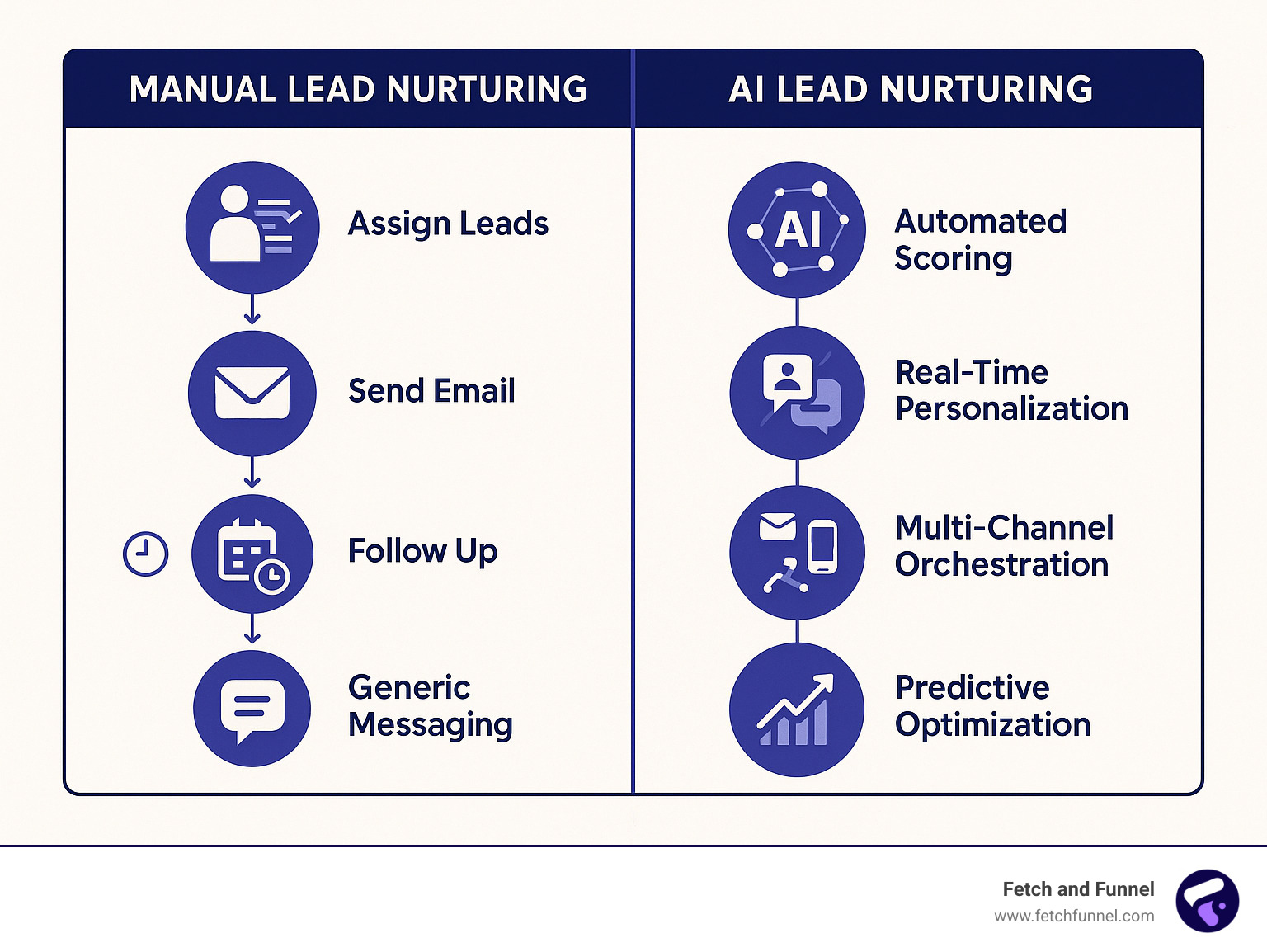 Detailed infographic showing the comparison between manual lead nurturing workflow with multiple manual steps, delays, and generic messaging versus AI lead nurturing workflow with automated scoring, real-time personalization, multi-channel orchestration, and predictive optimization - ai lead nurturing infographic