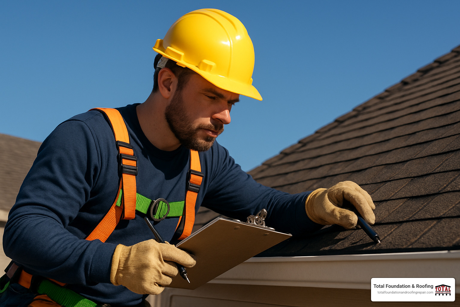 professional roofer conducting inspection with safety equipment - roof repair near me