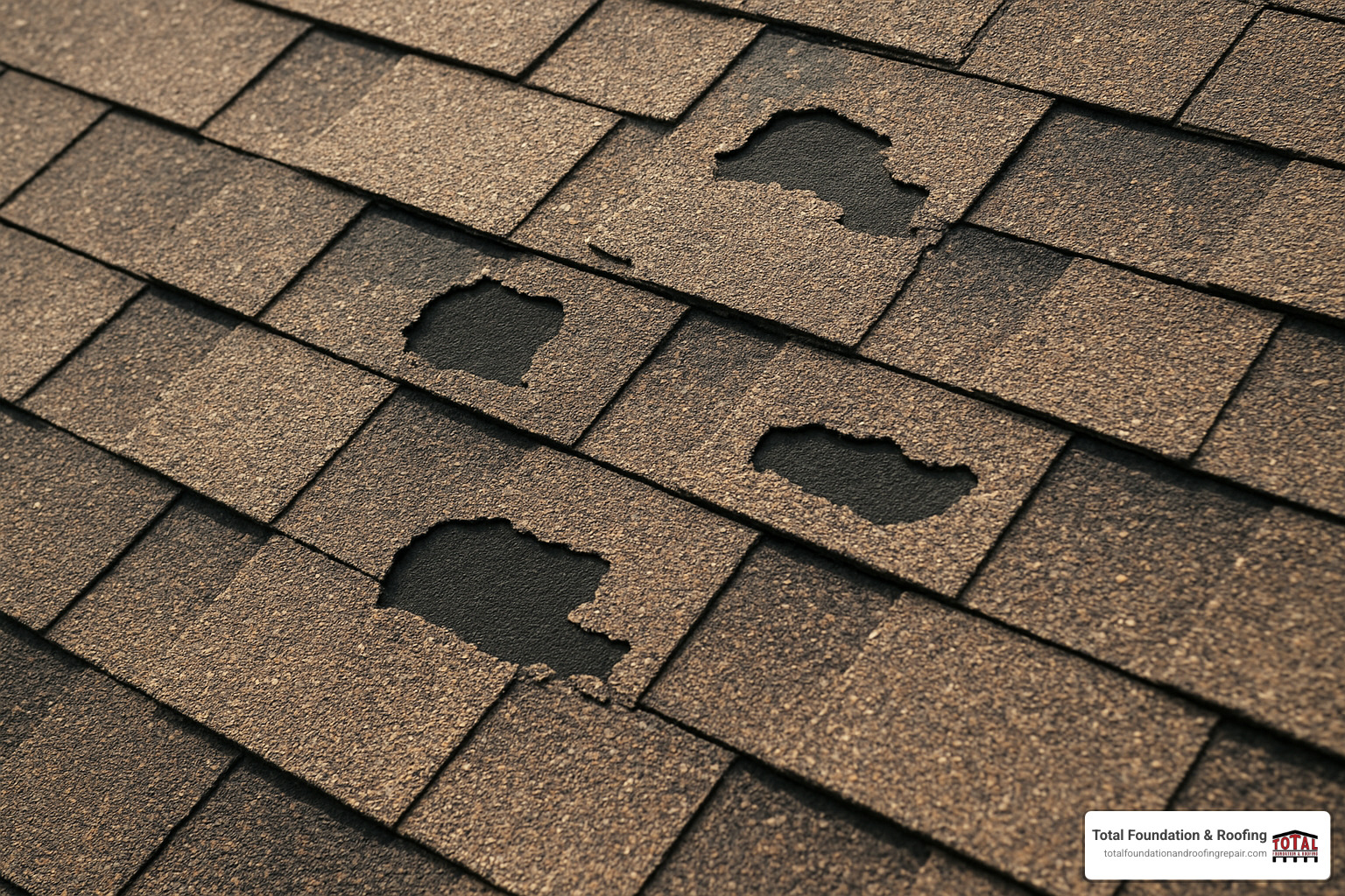 damaged roof shingles with missing pieces and exposed underlayment - roof repair near me