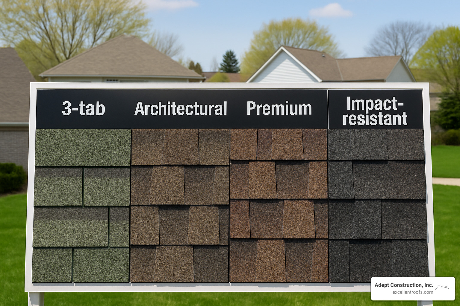 Comparison of different asphalt shingle styles showing 3-tab, architectural, premium, and impact-resistant options with texture details and color variations - asphalt shingle roofing naperville