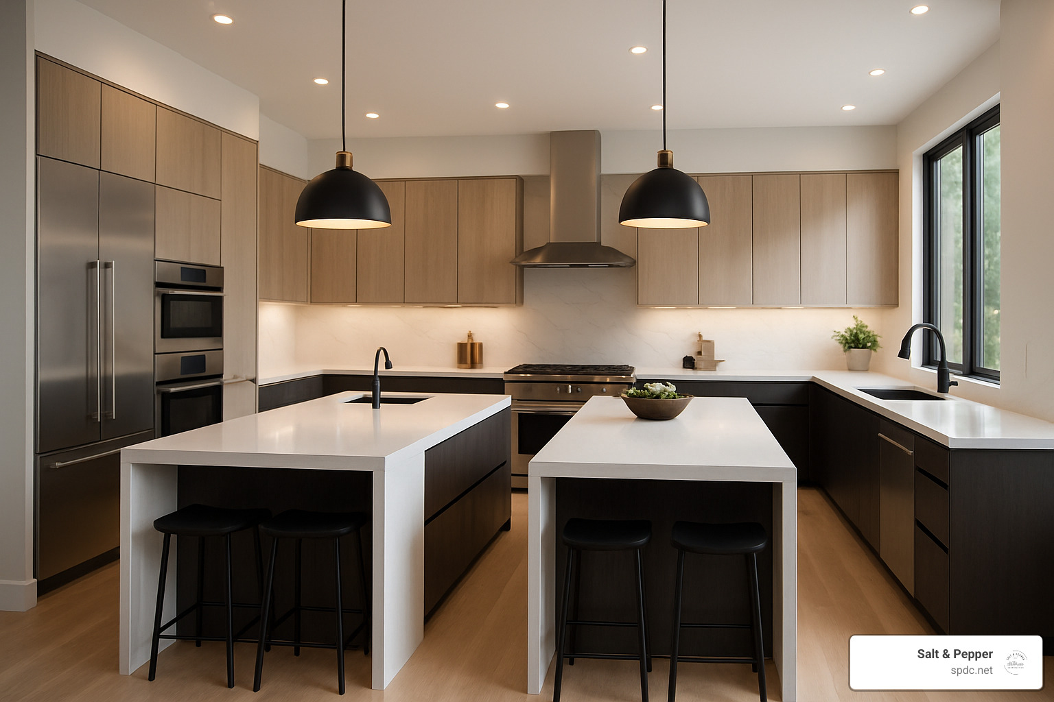 Dual-island kitchen with waterfall countertops and integrated smart appliances - Luxury home renovation ideas