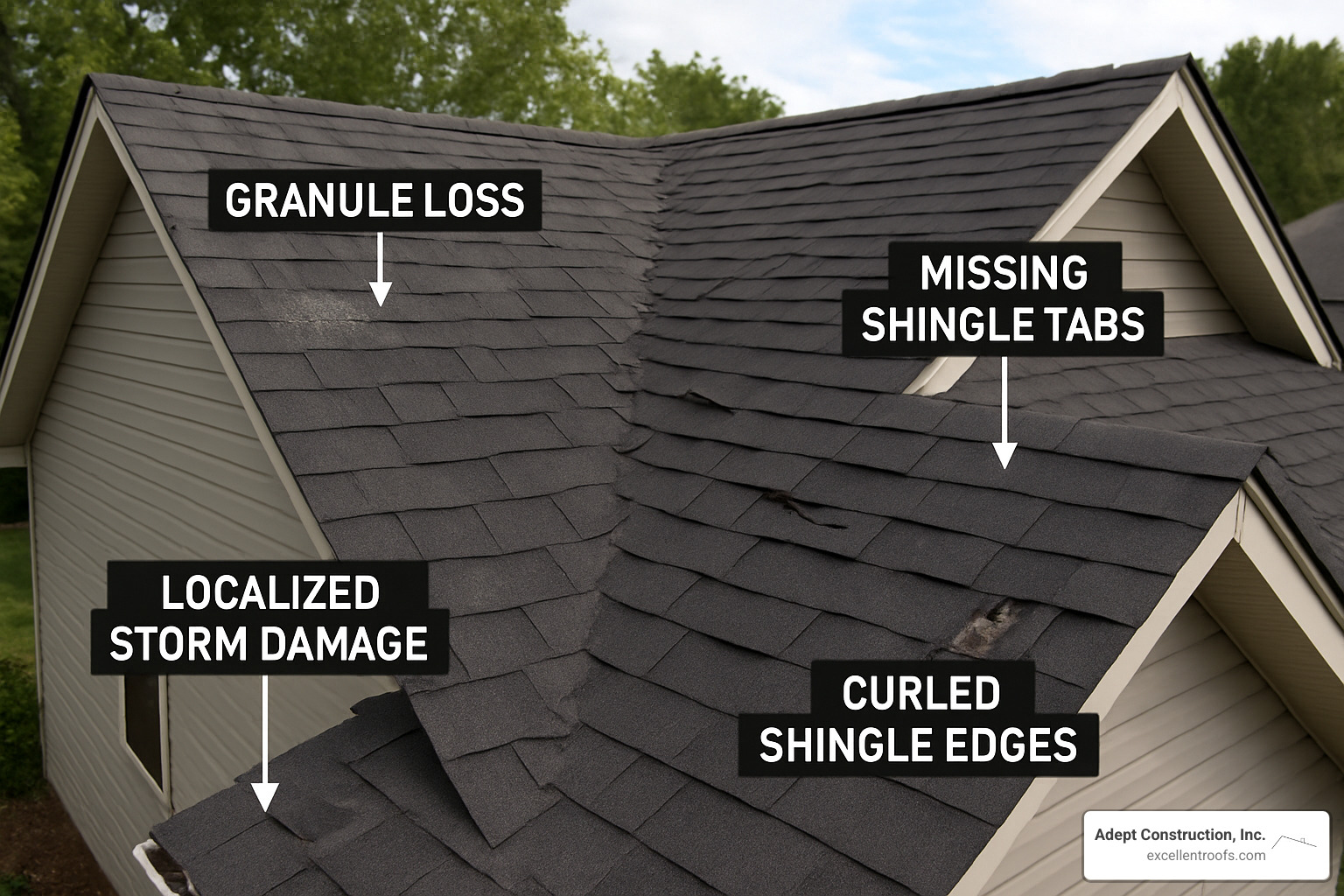Examples of common shingle damage including granule loss, curled edges, missing tabs, and storm damage with explanatory callouts - asphalt shingle roofing naperville