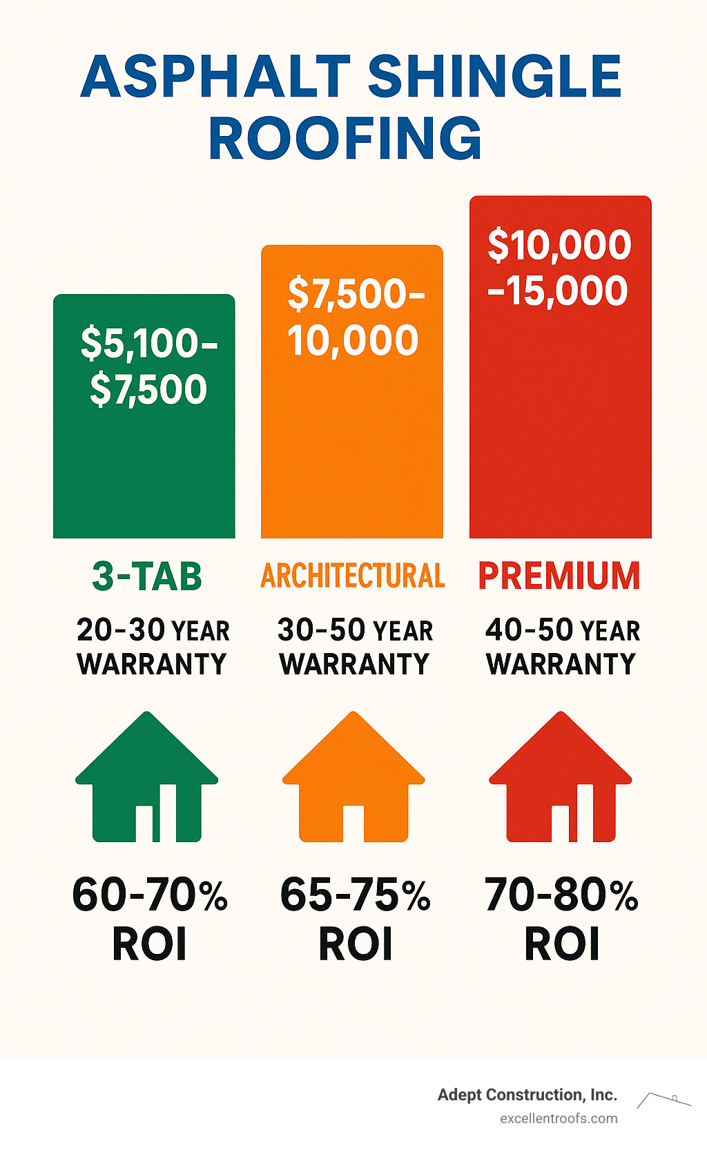 Statistical comparison showing cost ranges for different shingle types (3-tab: $5,100-$7,500, Architectural: $7,500-$10,000, Premium: $10,000-$15,000) with warranty periods and expected ROI - asphalt shingle roofing naperville infographic 