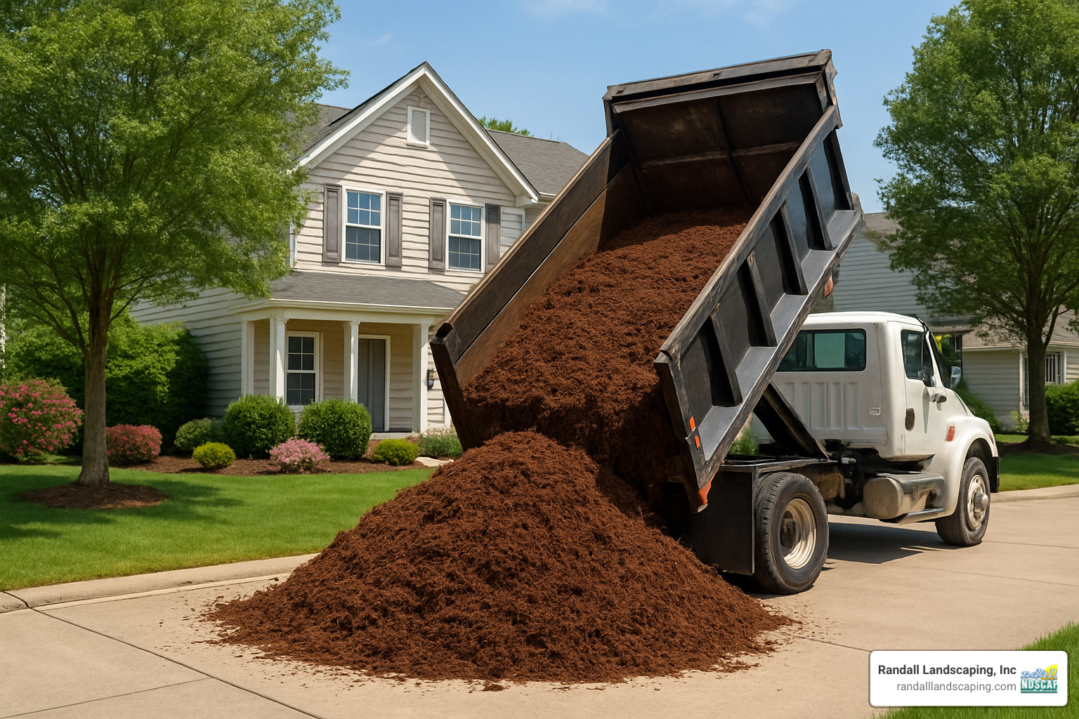 dump truck delivering mulch to residential driveway - Mulch delivery Haverhill MA