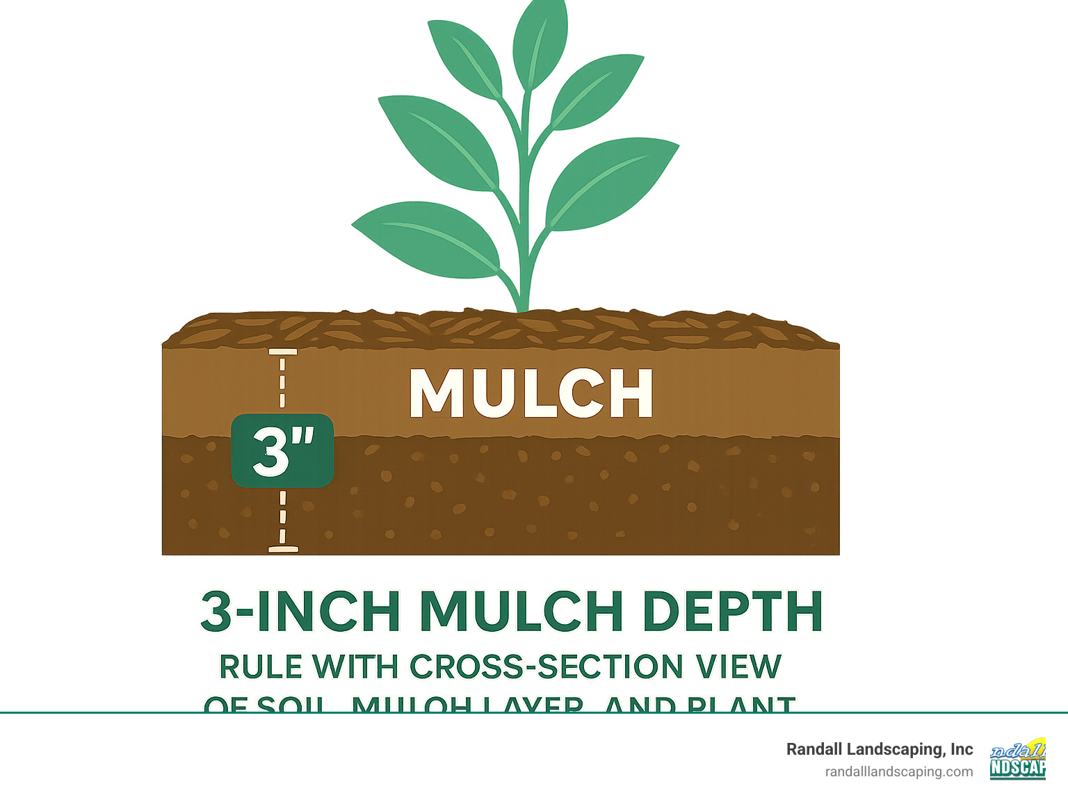 Infographic showing proper 3-inch mulch depth rule with cross-section view of soil, mulch layer, and plant placement - Mulch delivery Haverhill MA infographic 