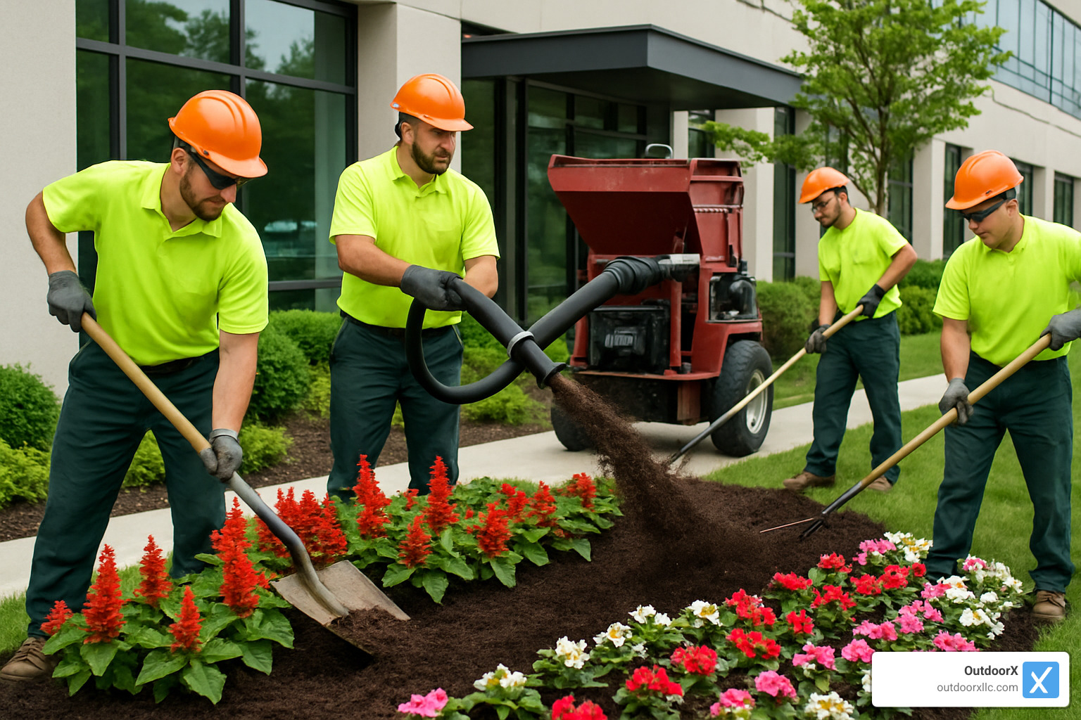 Landscape crew mulching commercial flower beds with proper techniques and professional equipment - commercial landscaping plants