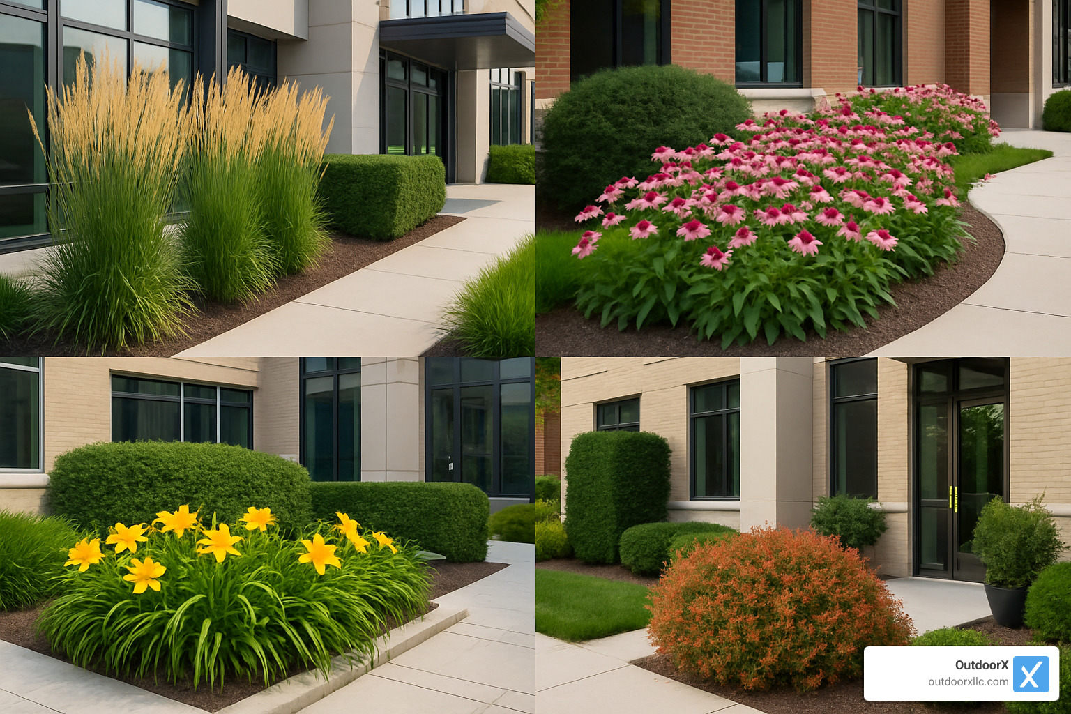 Montage showing top commercial landscaping plants including ornamental grasses, flowering perennials, and structural shrubs in various commercial settings - commercial landscaping plants