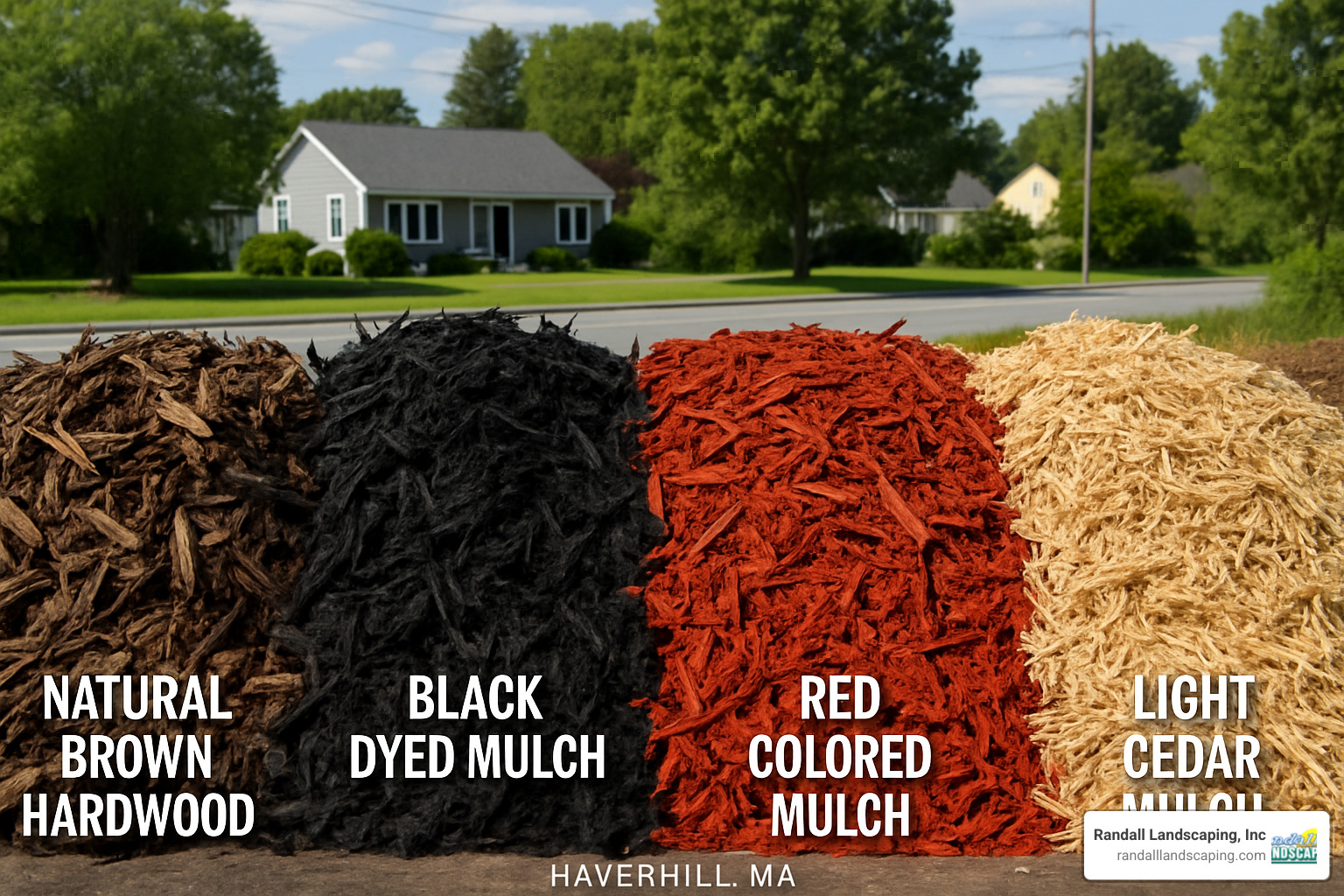 variety of colored mulch samples showing natural brown, black, red, and cedar options - Mulch delivery Haverhill MA