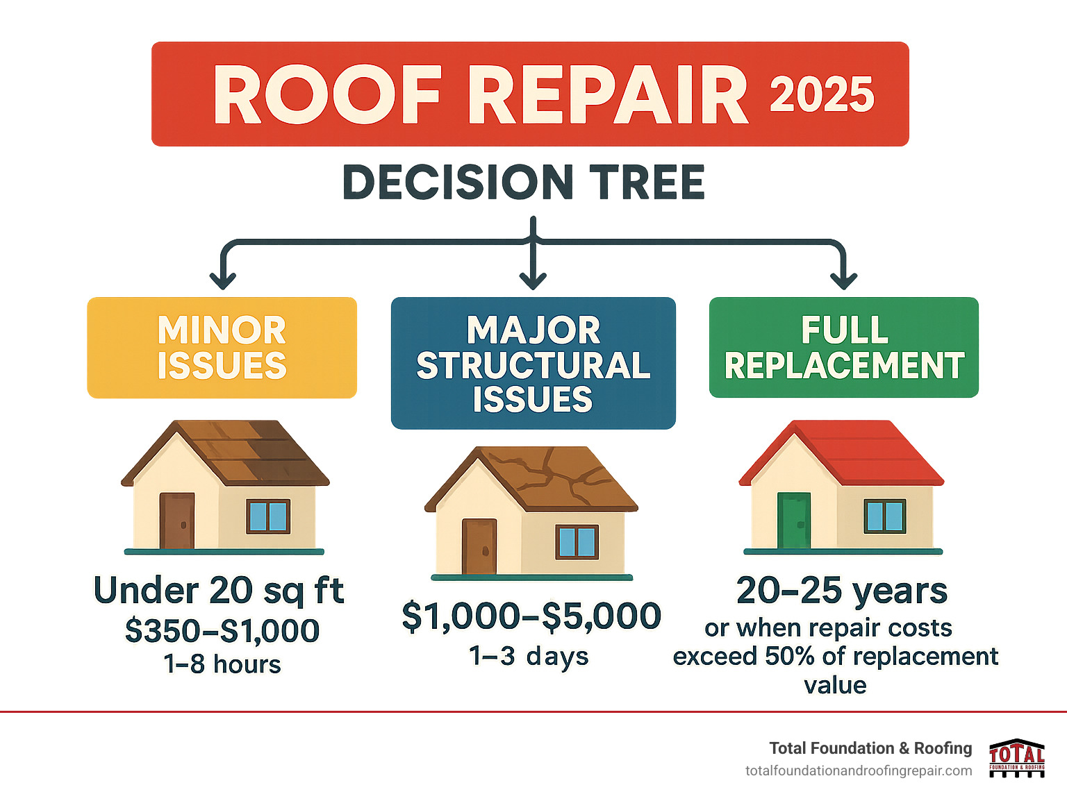 Infographic showing roof repair decision tree: minor issues under 20 sq ft cost $350-1000 and take 1-8 hours, major structural issues cost $1000-5000 and may require 1-3 days, full replacement needed after 20-25 years or when repair costs exceed 50% of replacement value - roof repair near me infographic 