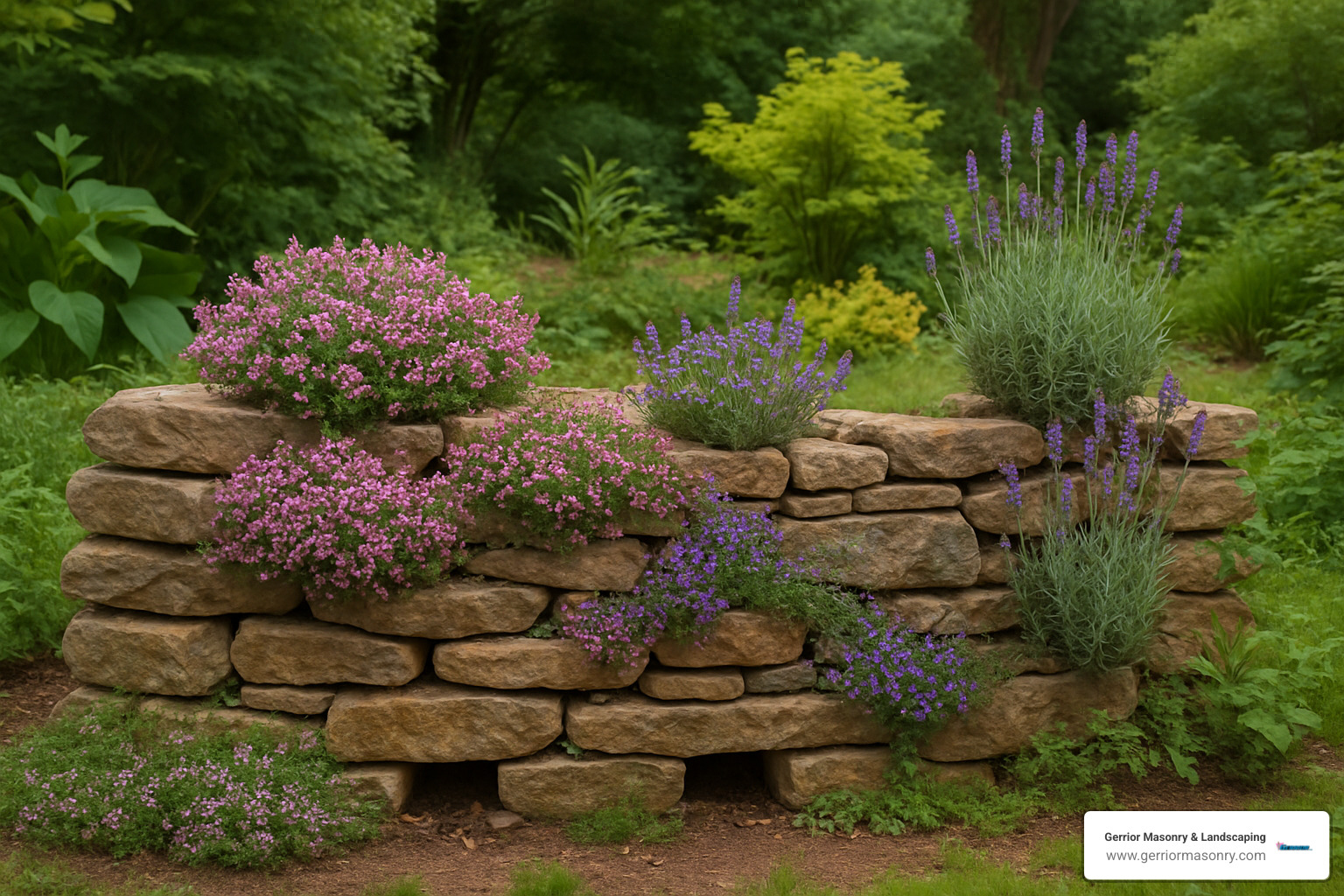 Wildlife-friendly mini dry stone wall with gaps for small animals and planted crevices for beneficial insects - dry stone garden wall
