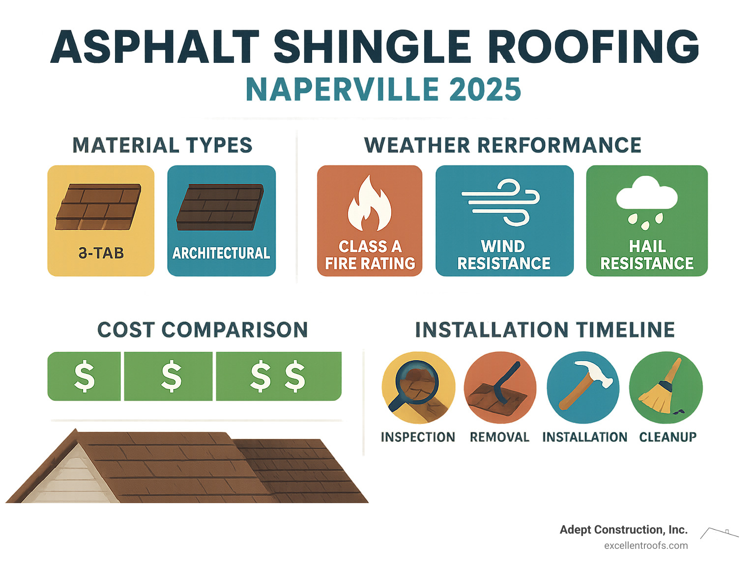 Comprehensive guide showing asphalt shingle selection process for Naperville homeowners, including material types (3-tab, architectural, premium), weather performance ratings, cost comparisons, and installation timeline from initial inspection through final cleanup - asphalt shingle roofing naperville infographic 