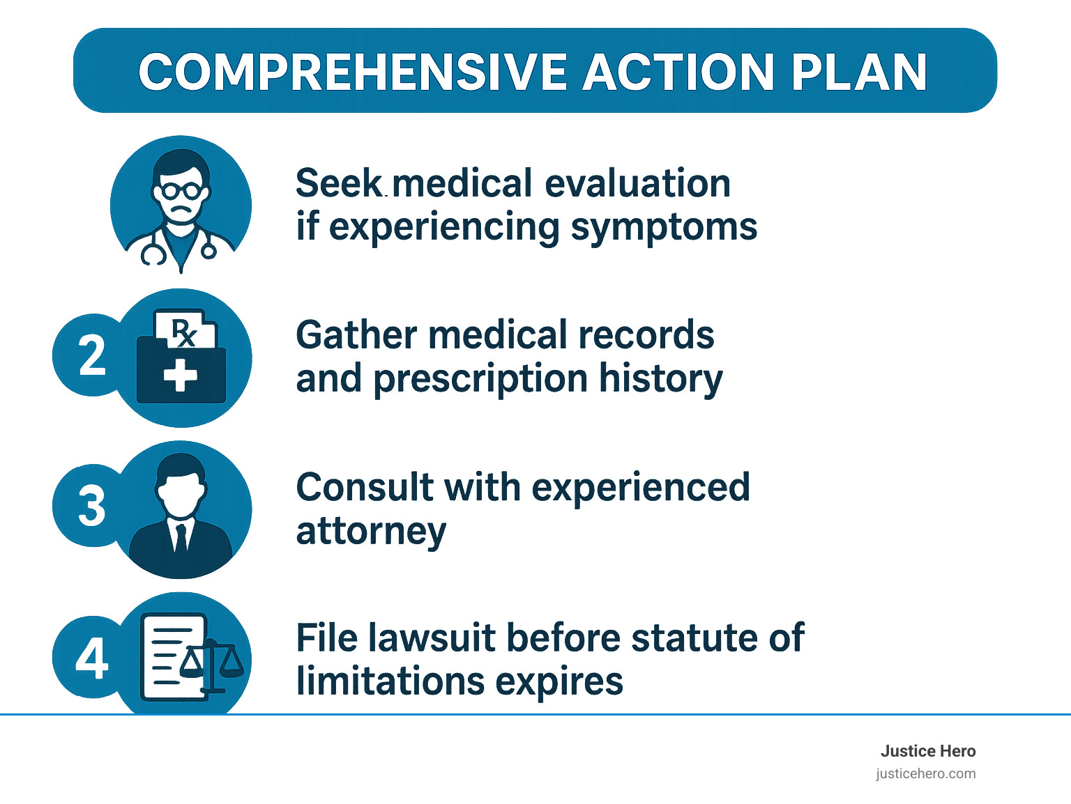 Comprehensive action plan infographic showing 4 key steps: 1) Seek medical evaluation if experiencing symptoms, 2) Gather medical records and prescription history, 3) Consult with experienced attorney, 4) File lawsuit before statute of limitations expires - depo-provera lawsuit infographic 