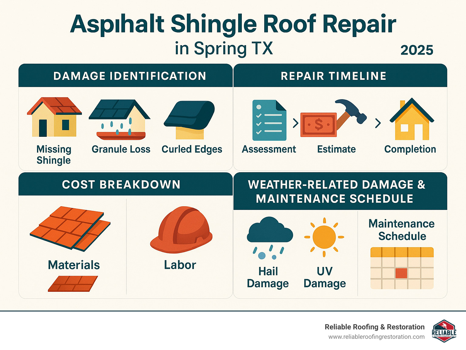 Spring into Action: Easy Asphalt Shingle Roof Repairs in Spring TX 1 Comprehensive infographic showing asphalt shingle roof repair process in Spring TX, including damage identification steps, repair timeline from assessment to completion, cost breakdown between materials and labor, common weather-related damage types specific to Texas climate, and maintenance schedule recommendations for optimal shingle lifespan - asphalt shingle roof repair spring tx infographic