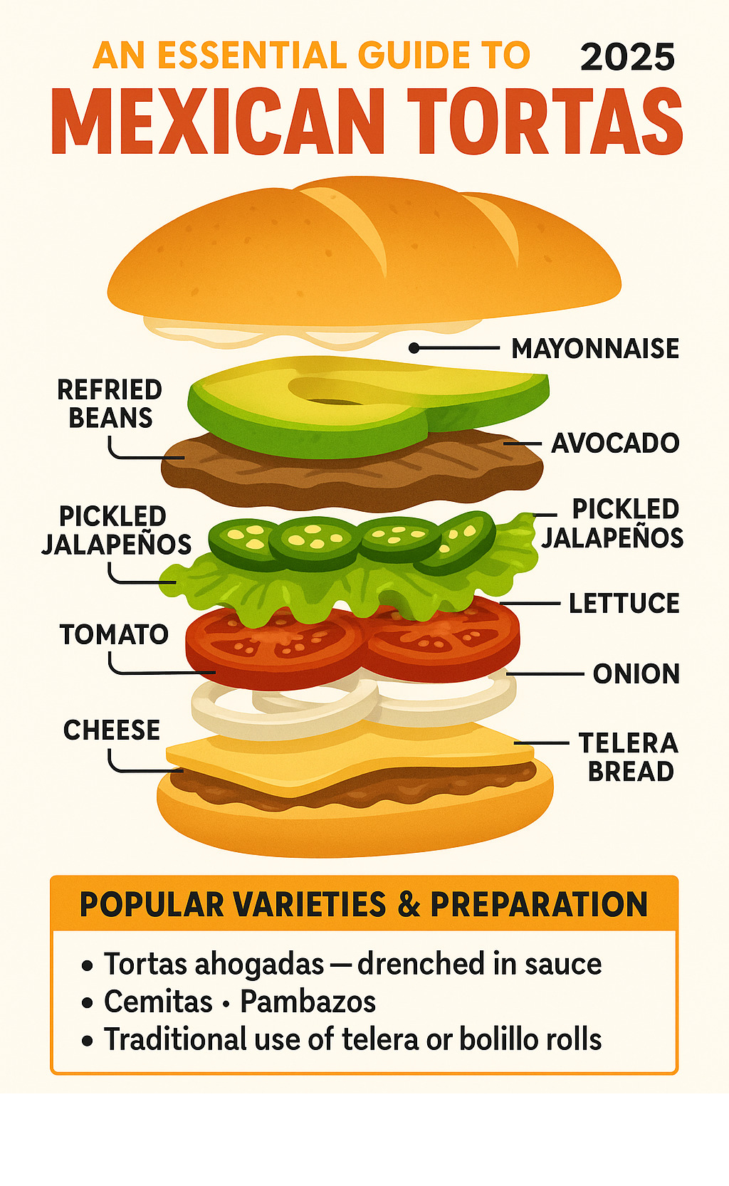 Detailed infographic showing the anatomy of a Mexican torta with labeled layers including telera bread, mayonnaise, refried beans, meat filling, avocado, pickled jalapeños, lettuce, tomato, onion, and cheese, along with popular regional variations and traditional preparation methods - mexican  tortas infographic 