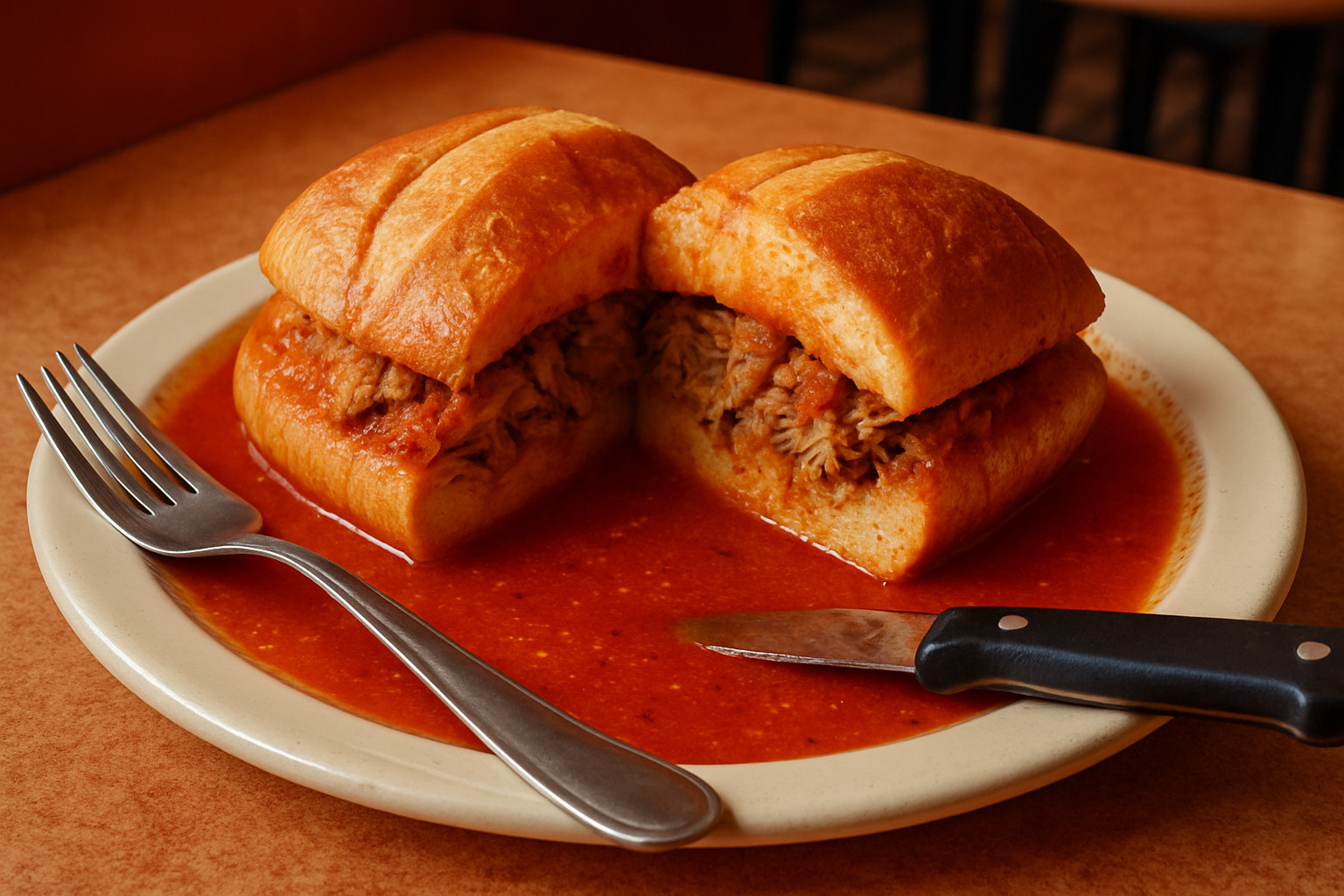 torta ahogada covered in red chile sauce on a plate with knife and fork - what is a torta